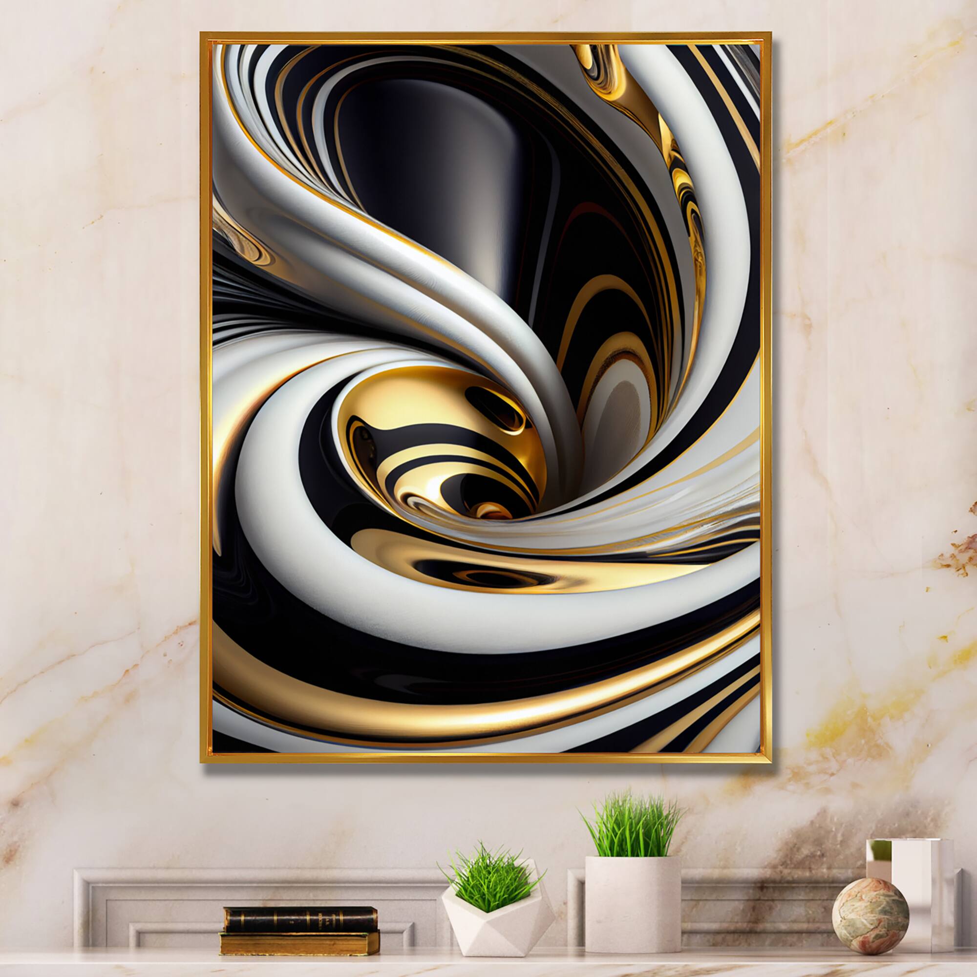 Designart 'Gold Black And White Stained Glass I' Modern Framed Canvas Wall Art
