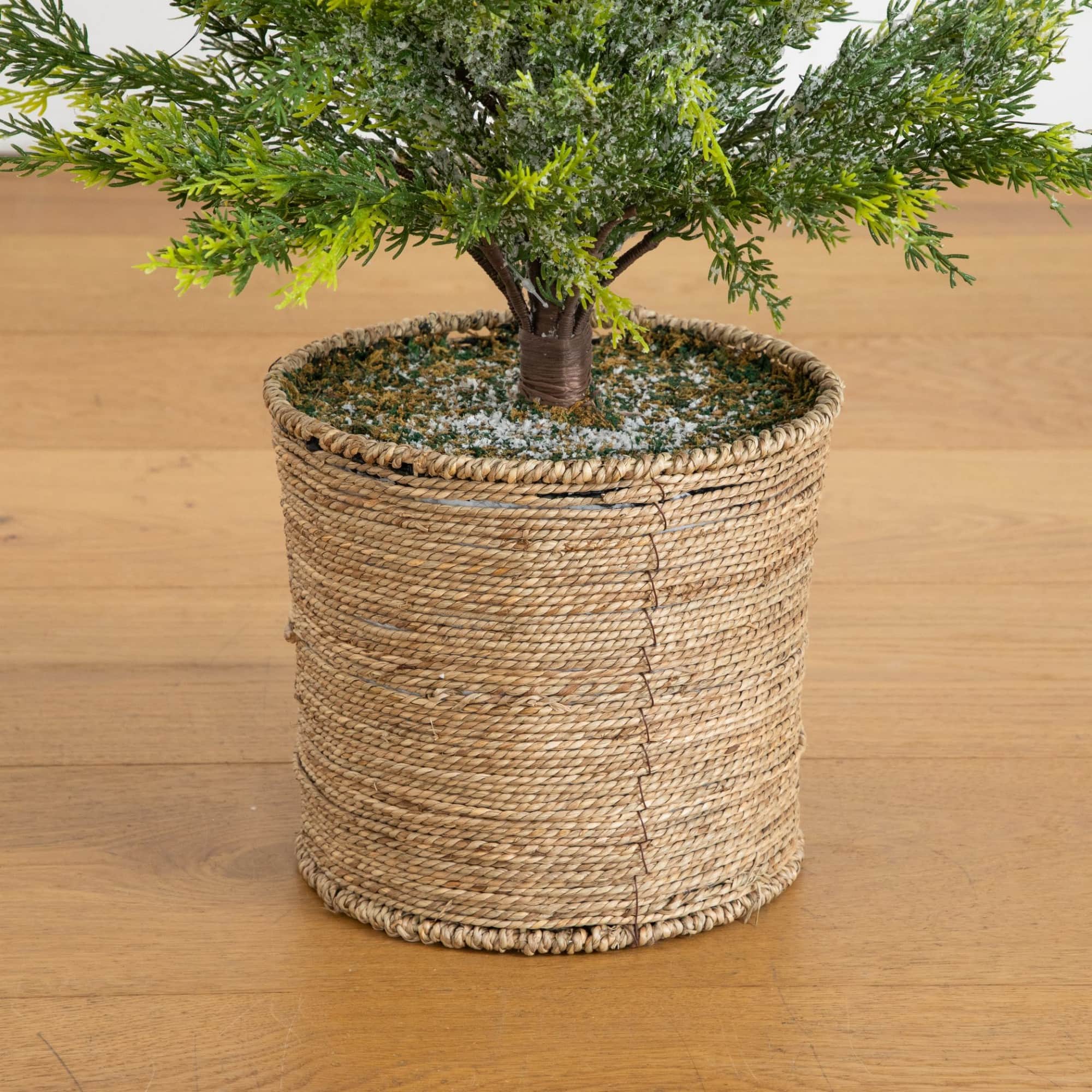 Nearly Natural 5ft. Pre-Lit Snowed Cypress Artificial Christmas Tree in Hyacinth Basket, Clear LED Lights