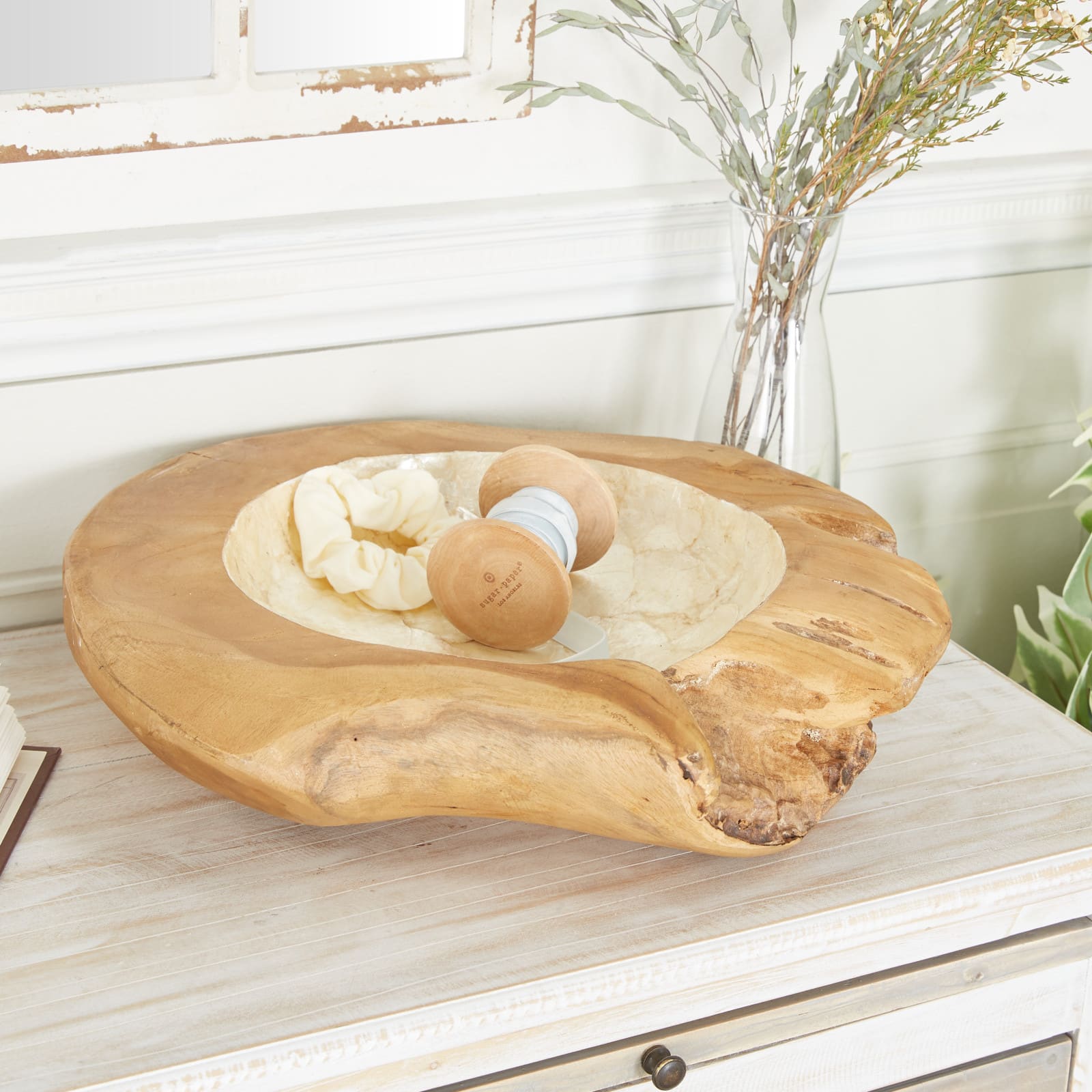 16" Natural Brown Wood and Shell Natural Decorative Bowl