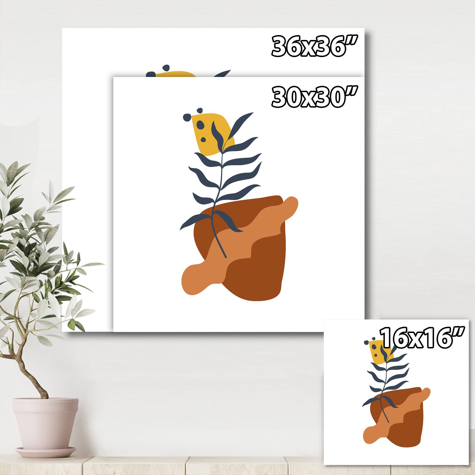 Designart - Elementary Shapes With Abstract Flowers Plants VI - Modern Canvas Wall Art Print