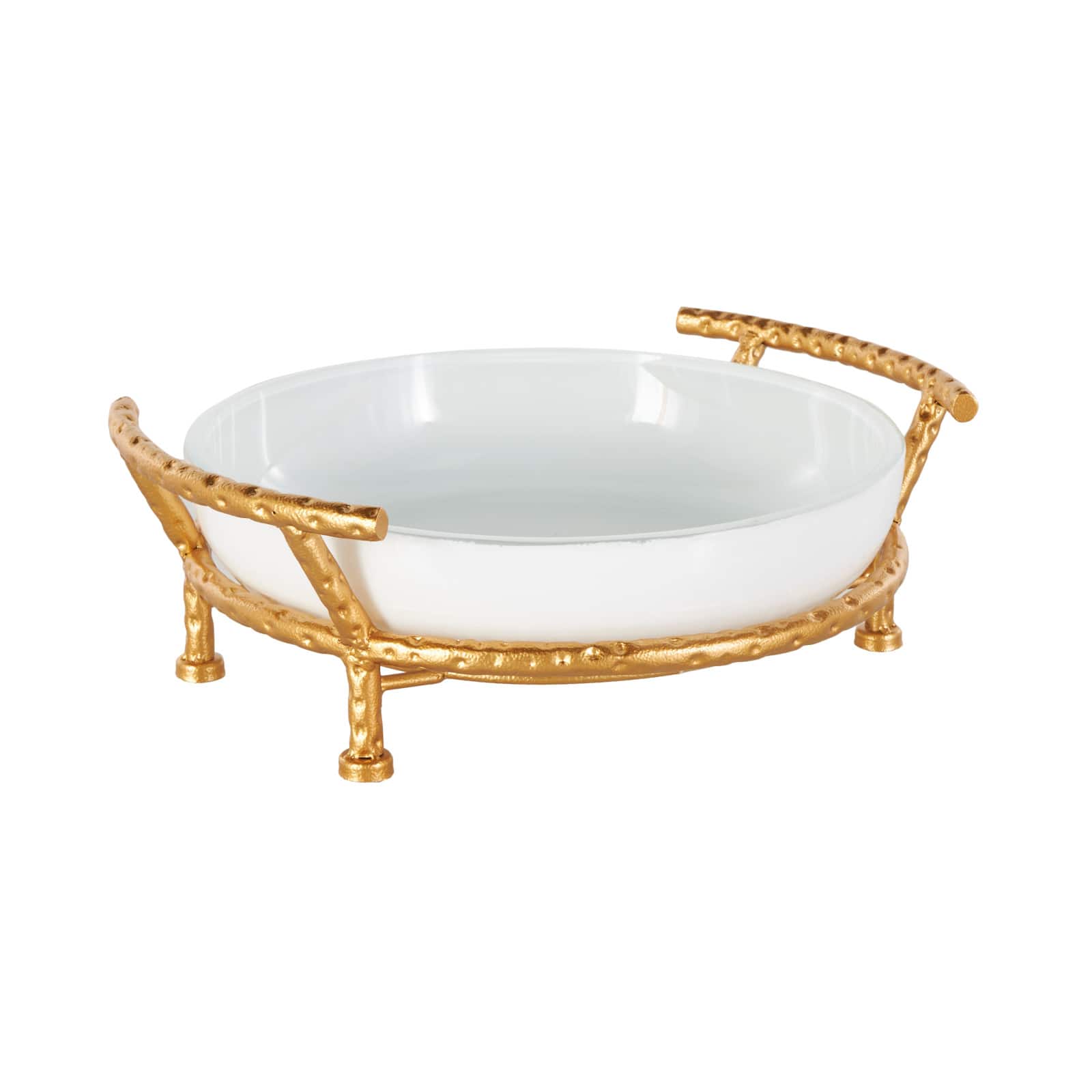 14.5" White Tempered Glass Kitchen Serving Bowl with Gold Metal Stand