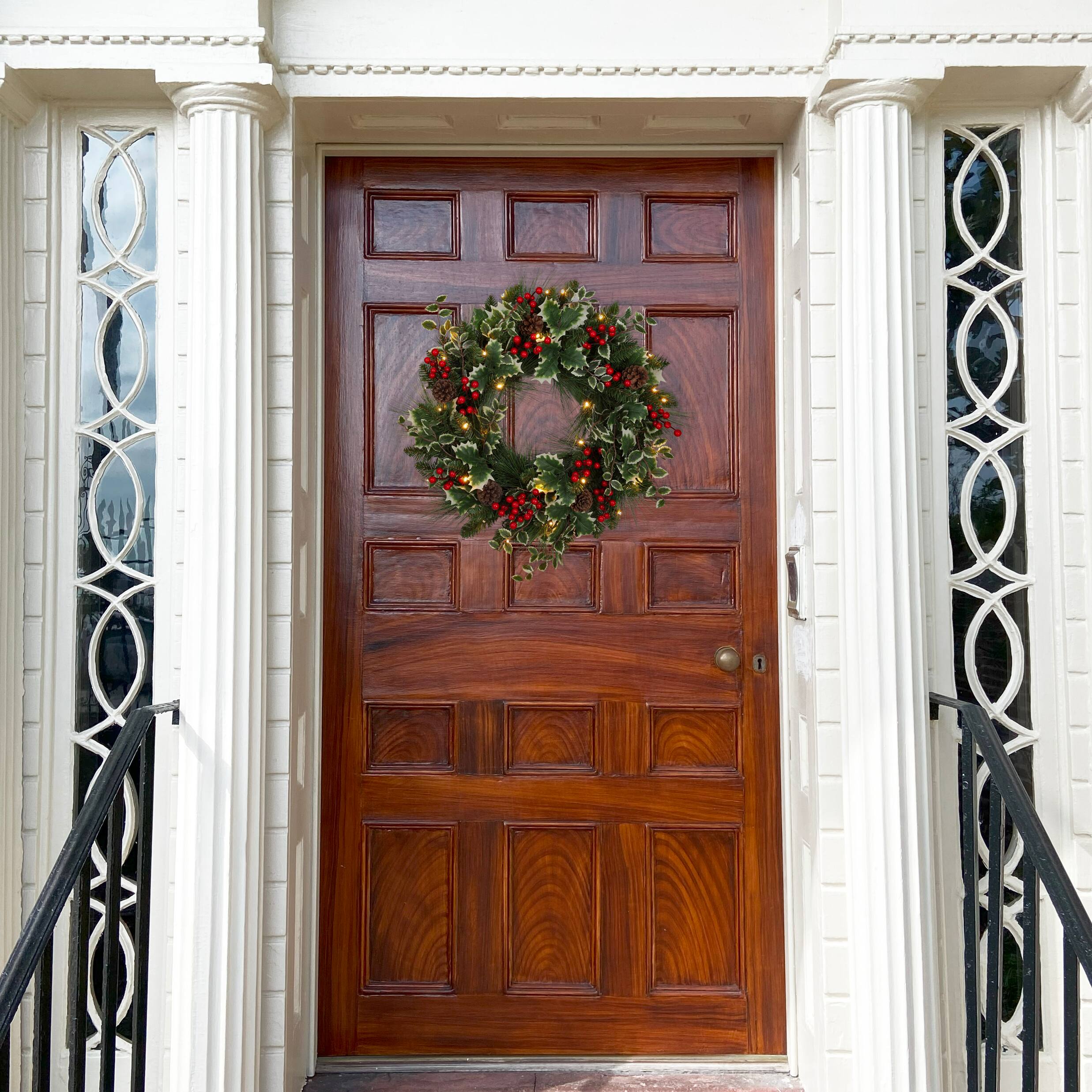 Haute Decor 24" Pre-Lit Holly, Pine & Berry Christmas Wreath, Soft White LED Lights