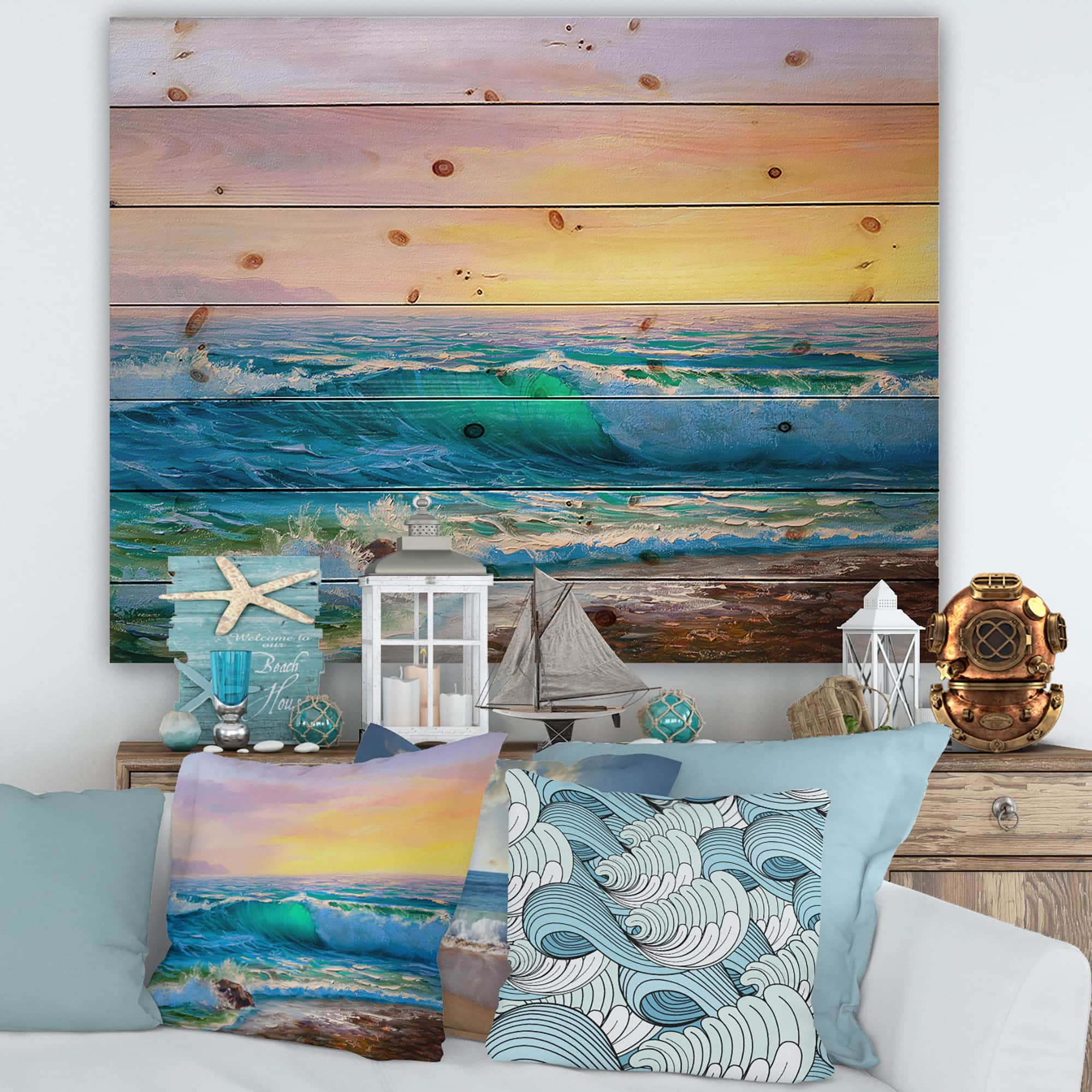 Designart - Blue Waves Breaking At The Beach IV - Nautical & Coastal Print on Natural Pine Wood