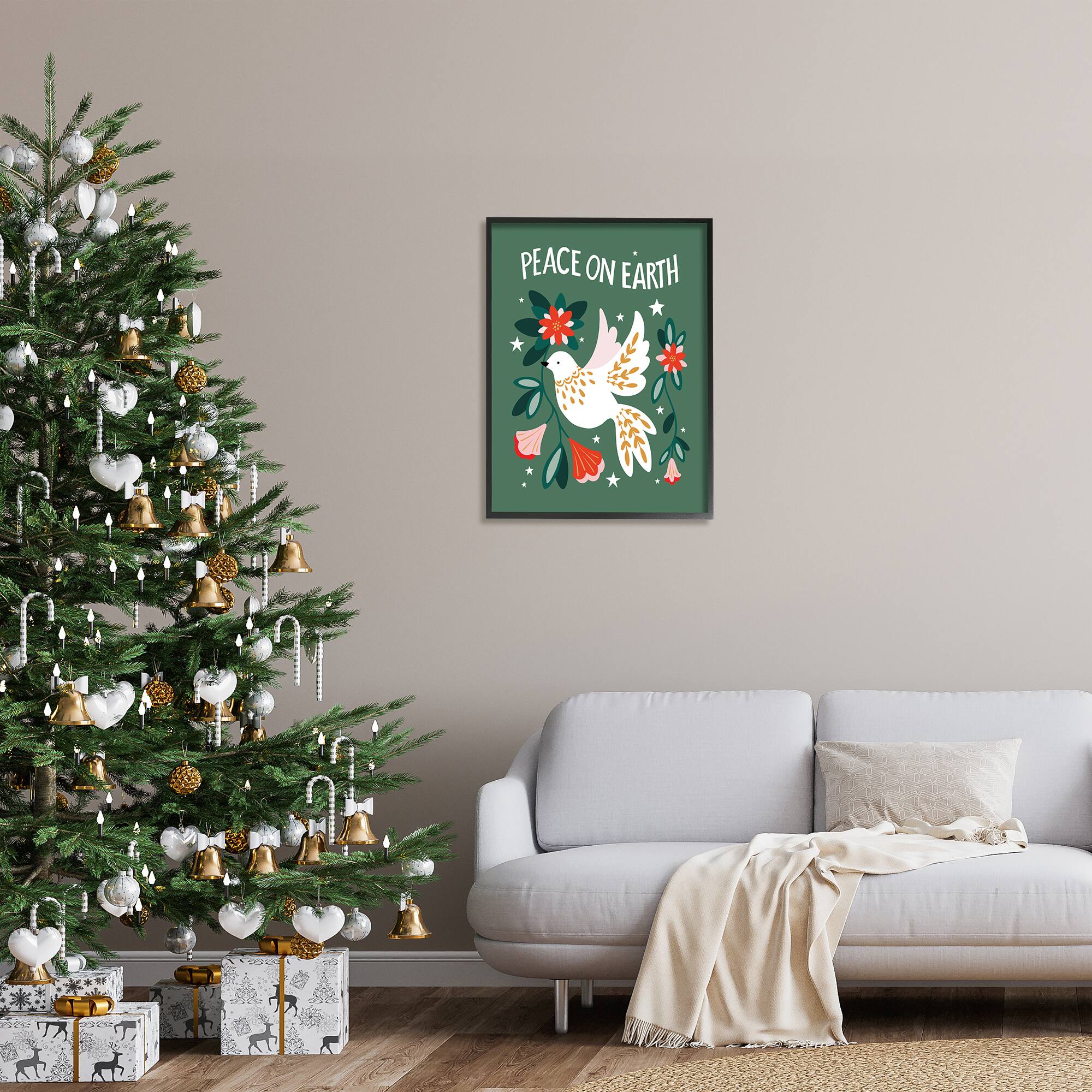 Stupell Industries Peace On Earth Floral Dove Blossoms Framed Giclee Art