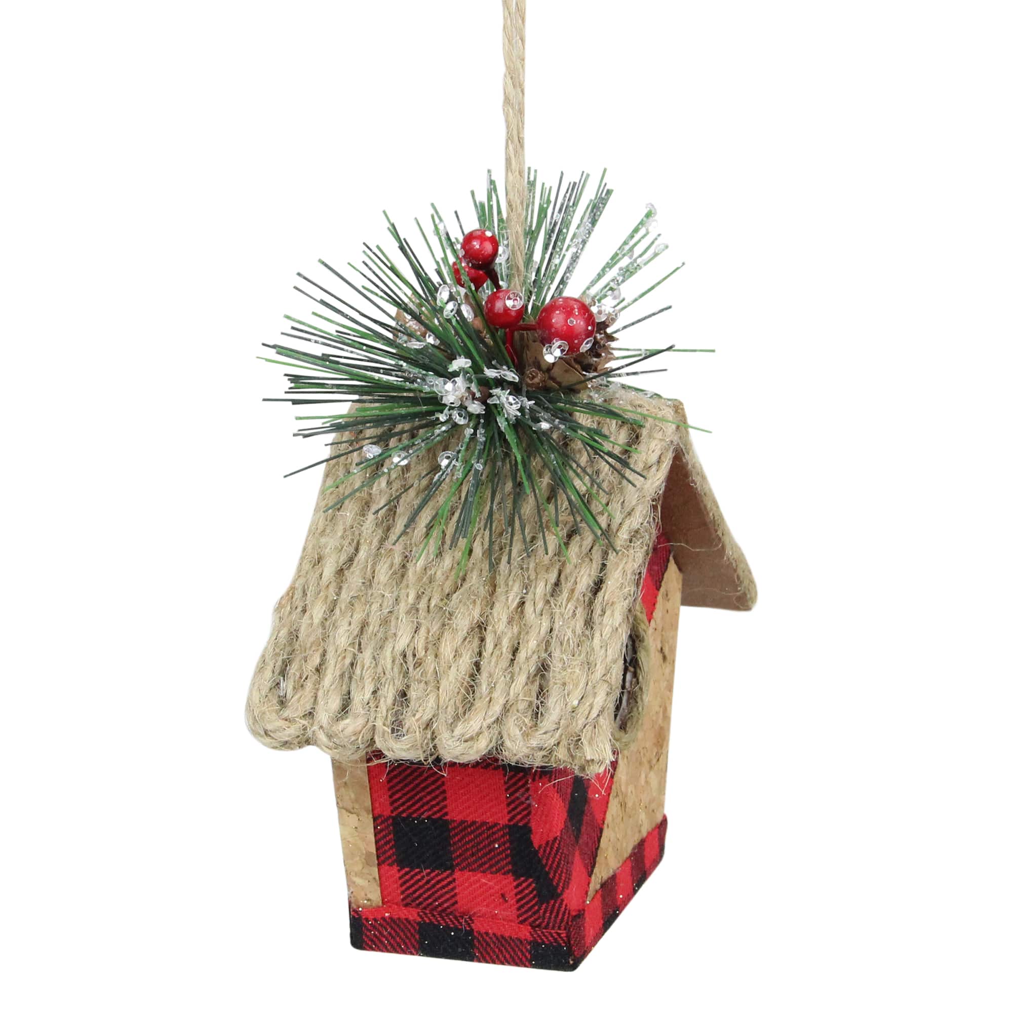 Buffalo Plaid Hanging Bird House Christmas Ornament - 5.75" - Red and Black