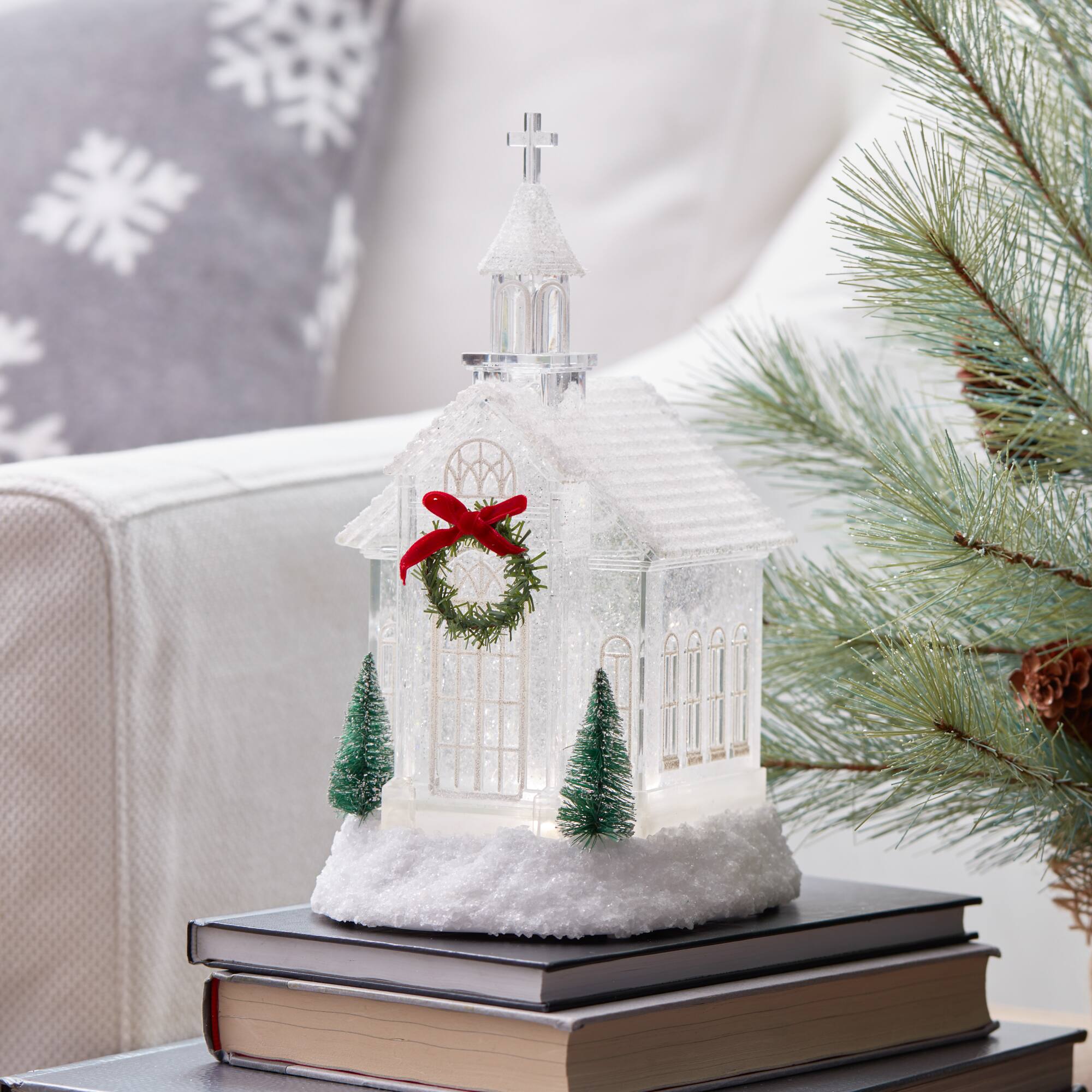 Melrose 10.5" White LED Church Snow Globe with Pine Accents Décor