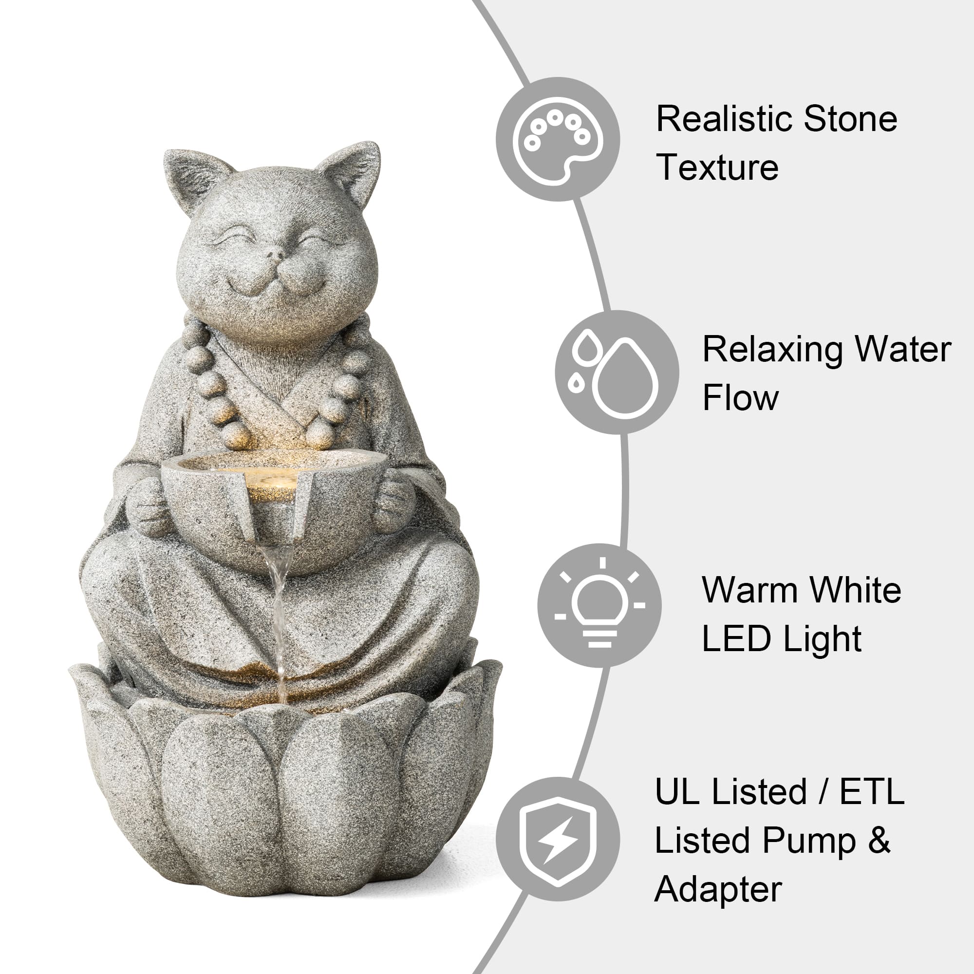 Glitzhome® 21.75" Zen-Style LED 2-Tier Concrete Cat Outdoor Fountain