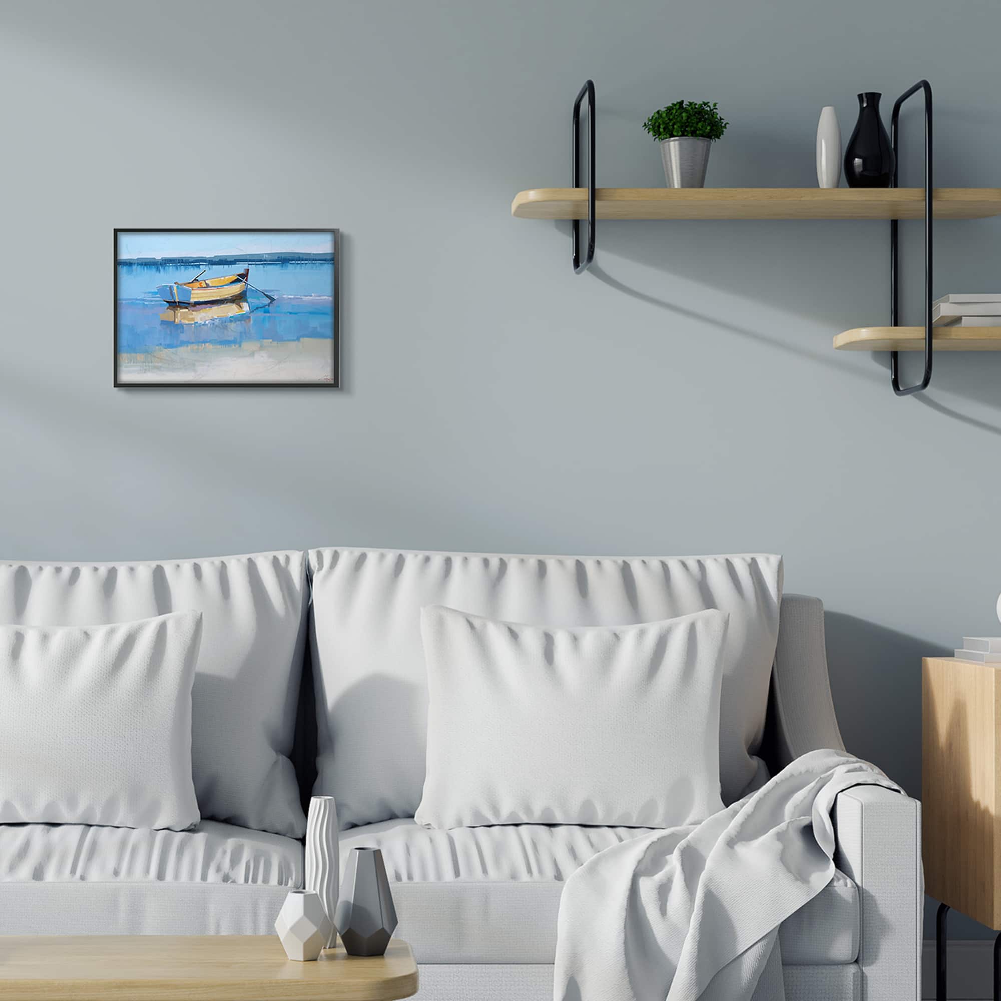 Stupell Industries Row Boat on Blue Coastal Shore Beach Landscape Framed Wall Art