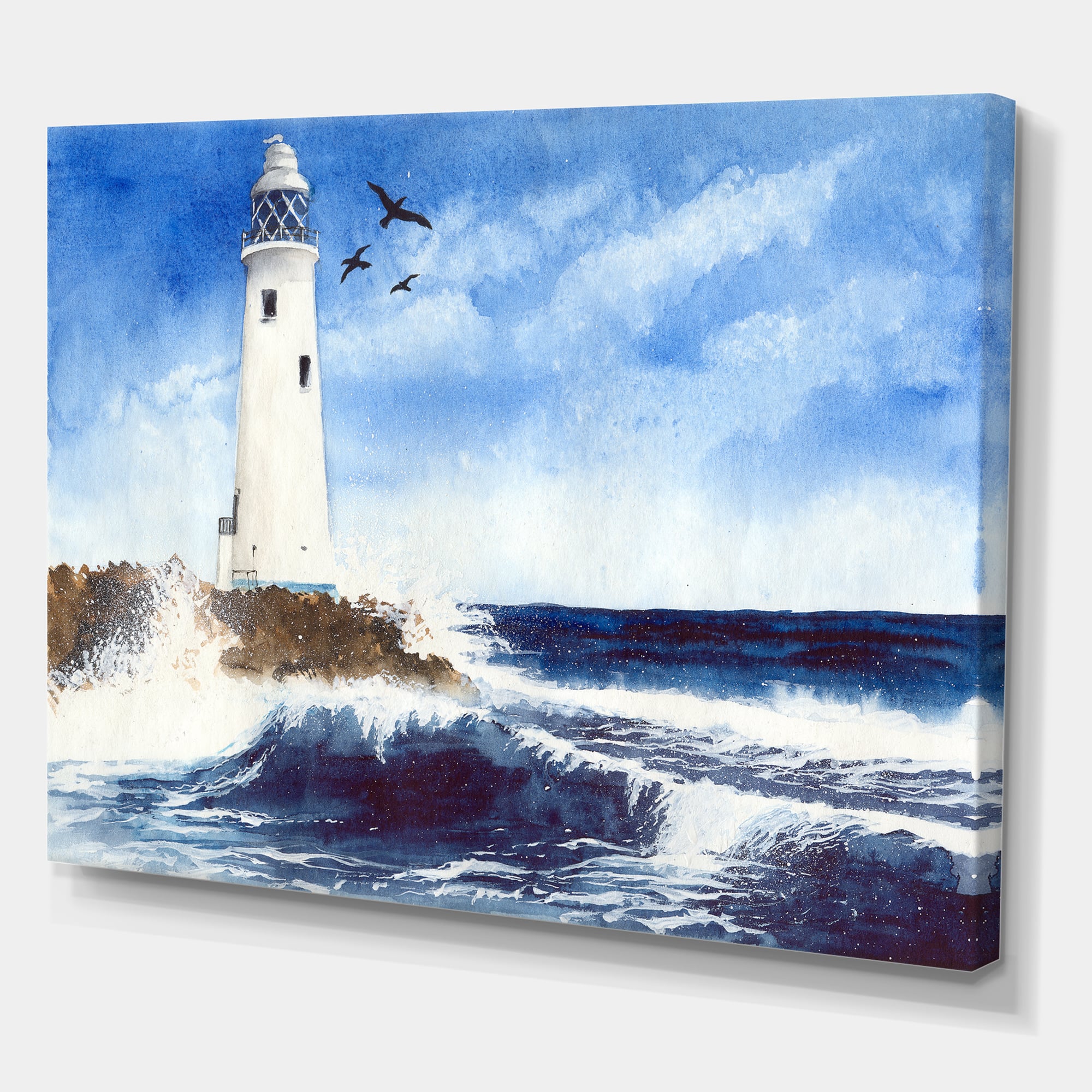 Designart - Lighthouse On The Rocky Island With Seagulls - Nautical & Coastal Canvas Wall Art Print