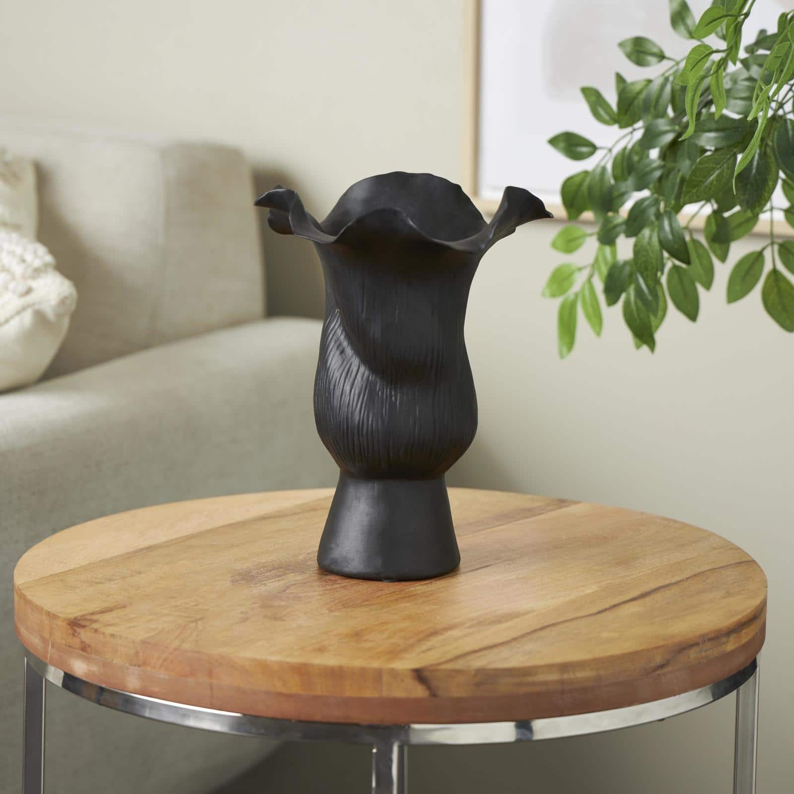 10.5" Black Ceramic Abstract Floral Vase with Linear Grooves