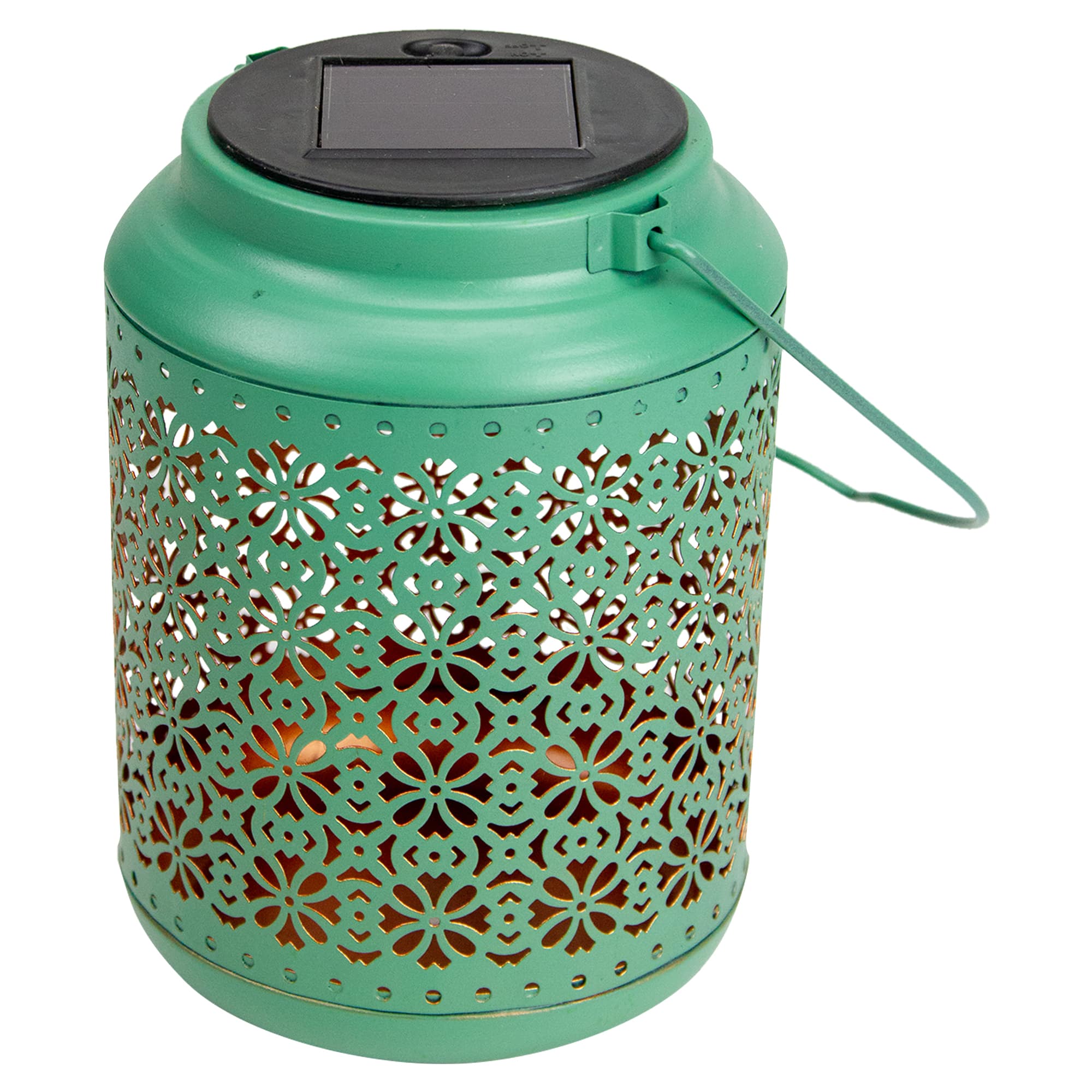 7" Green Integrated Floral Pattern Outdoor Solar Lantern with Handle
