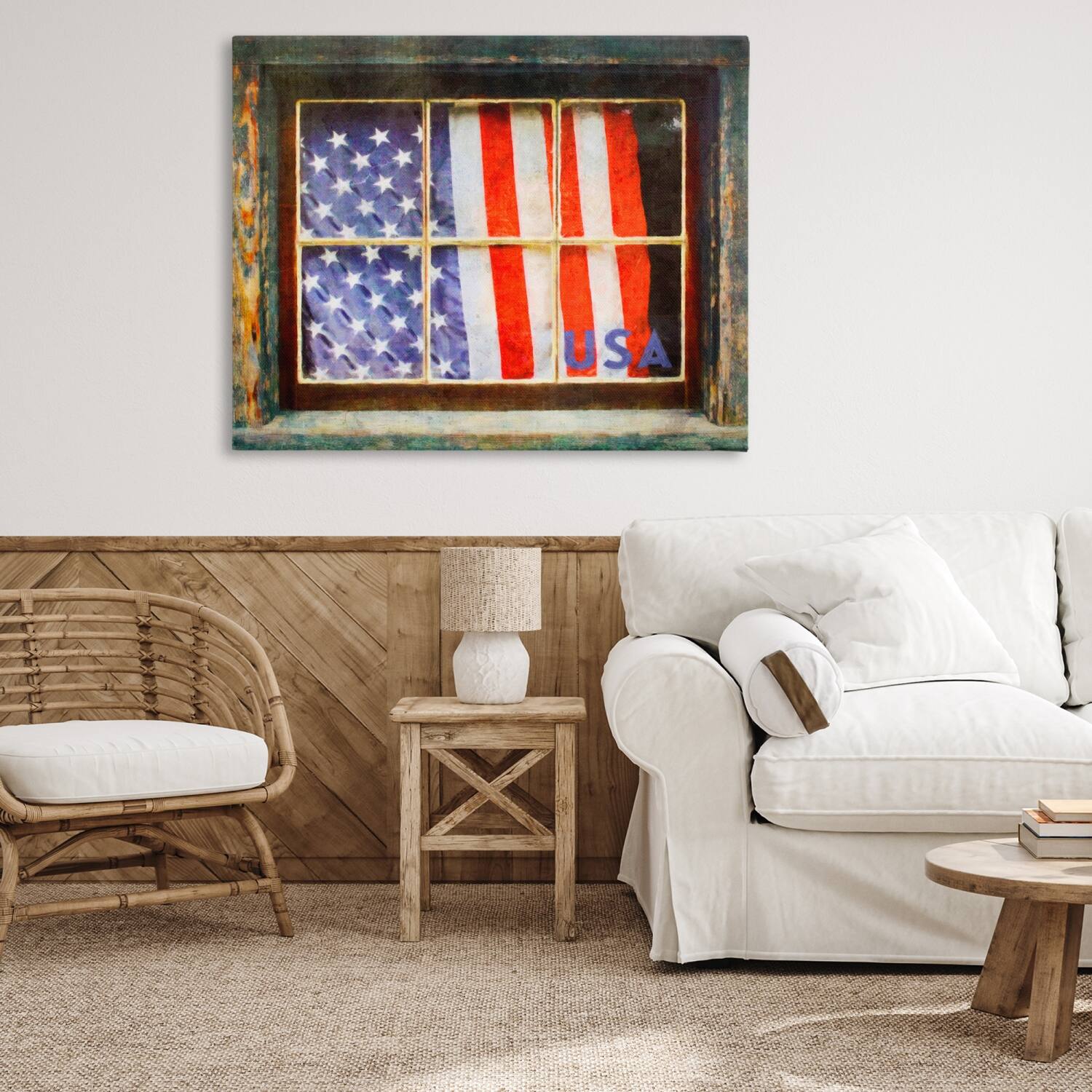 Stupell Industries Patriotic American Flag Rustic Window Festive Home Canvas Wall Art