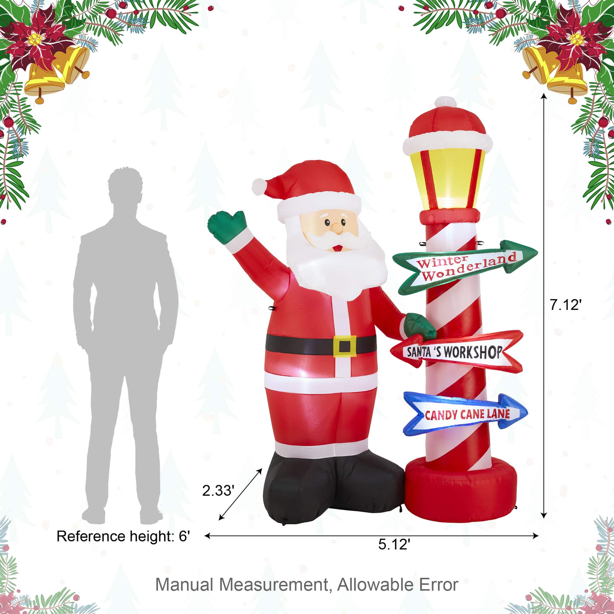 Glitzhome® 7FT Lighted Inflatable Santa with Lamp Post Sign Decor