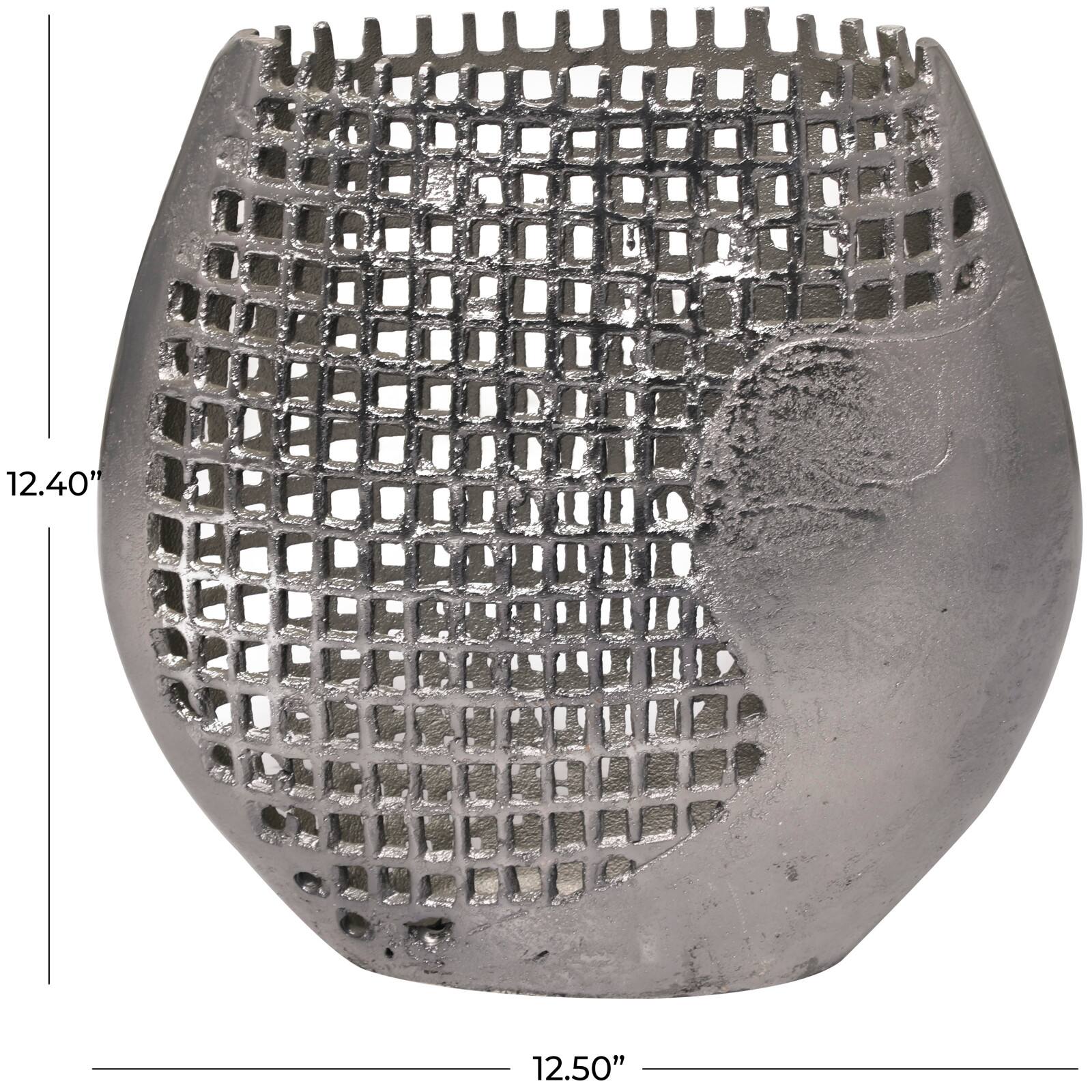 13" Dark Gray Aluminum Grid Inspired Abstract Vase with Open Frame Design