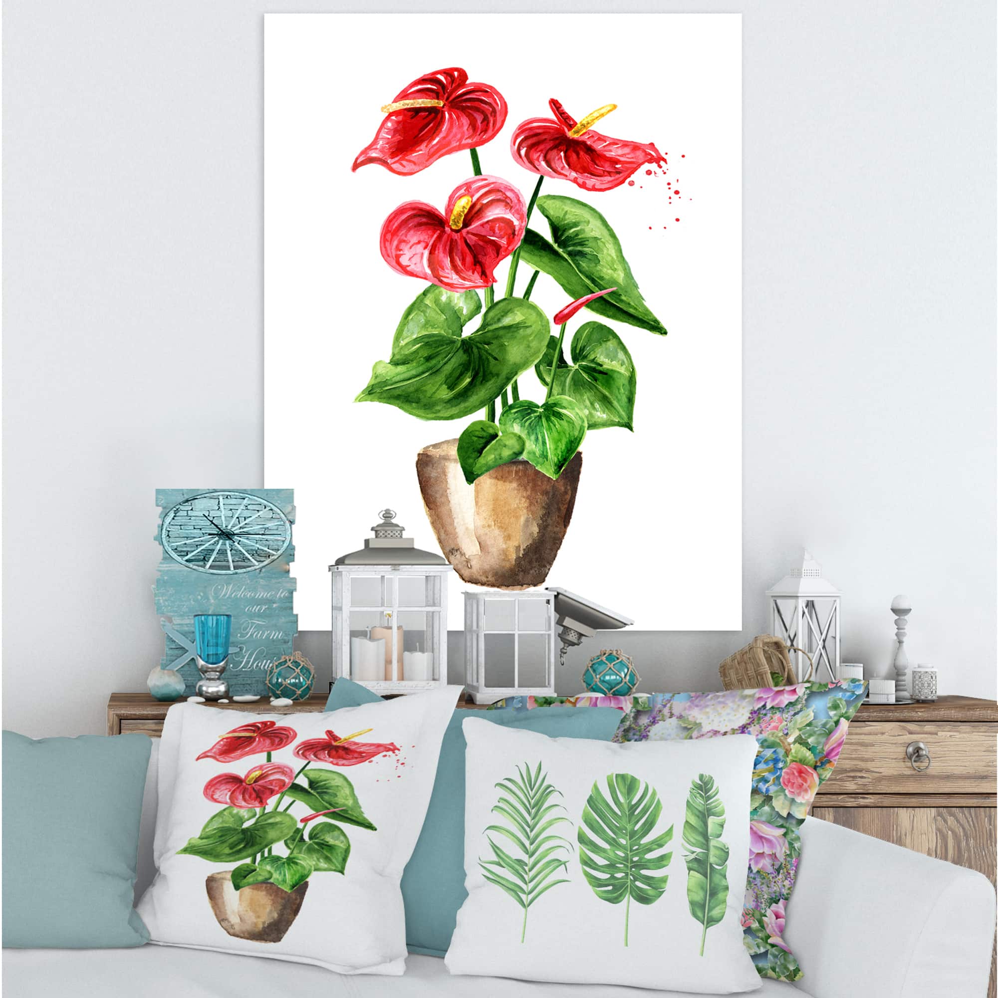 Designart - Anthurium Tailflower Or Flamingo Flower In The Pot - Traditional Canvas Wall Art Print