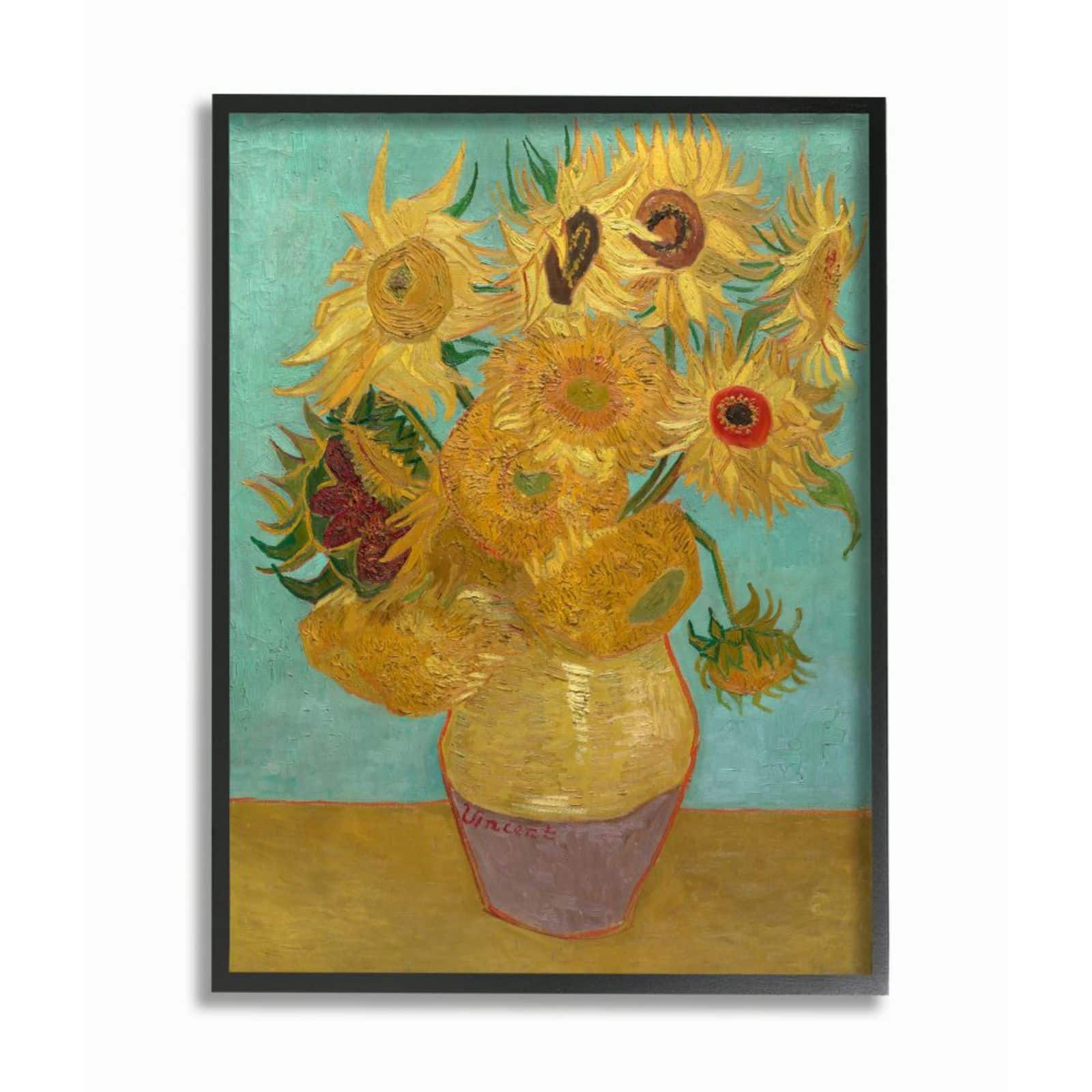 Stupell Industries Van Gogh Sunflowers on Turquoise Black Framed Print