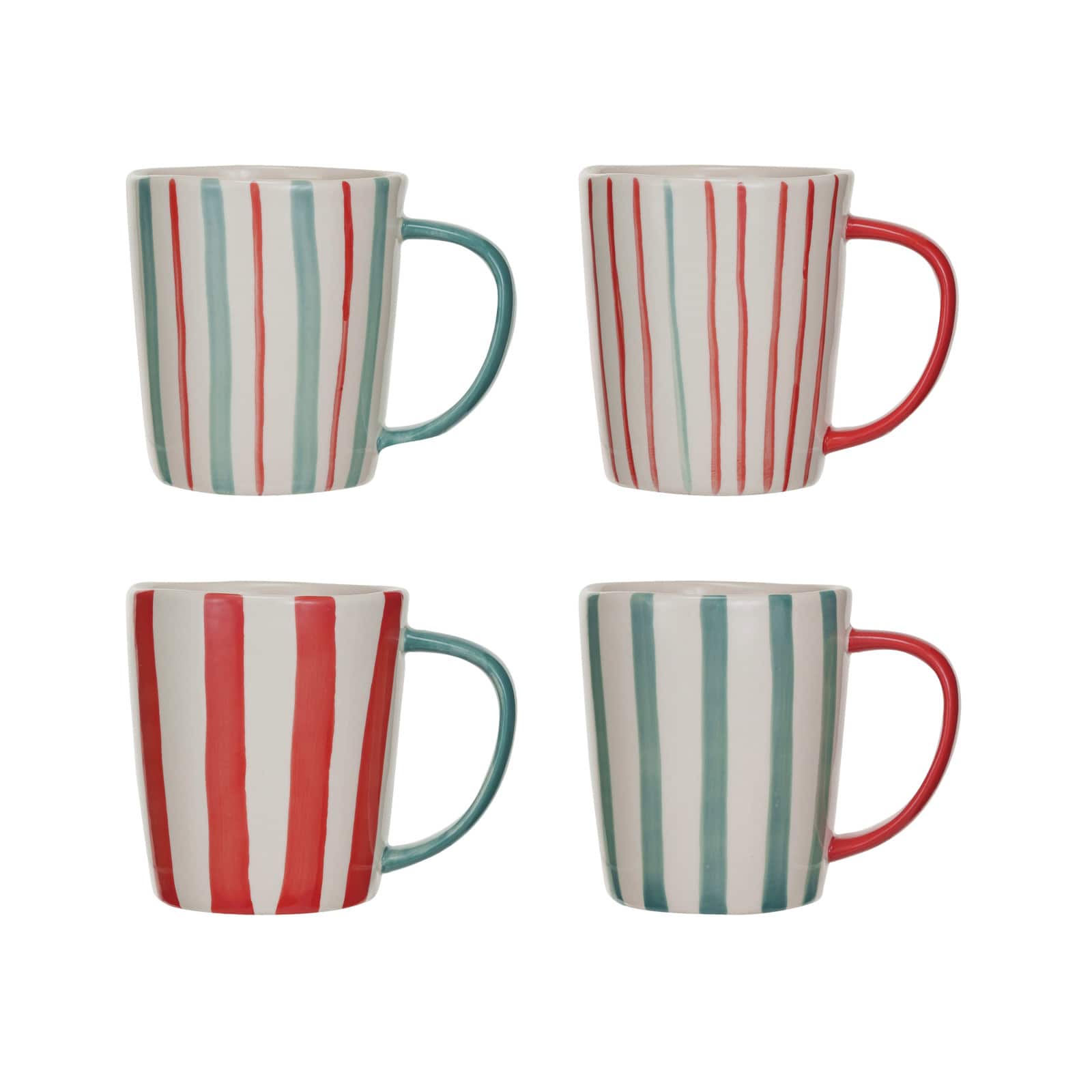 Hello Honey® 14oz. Hand-Painted Red, Aqua & Cream Stripes Stoneware Mugs, 4ct.