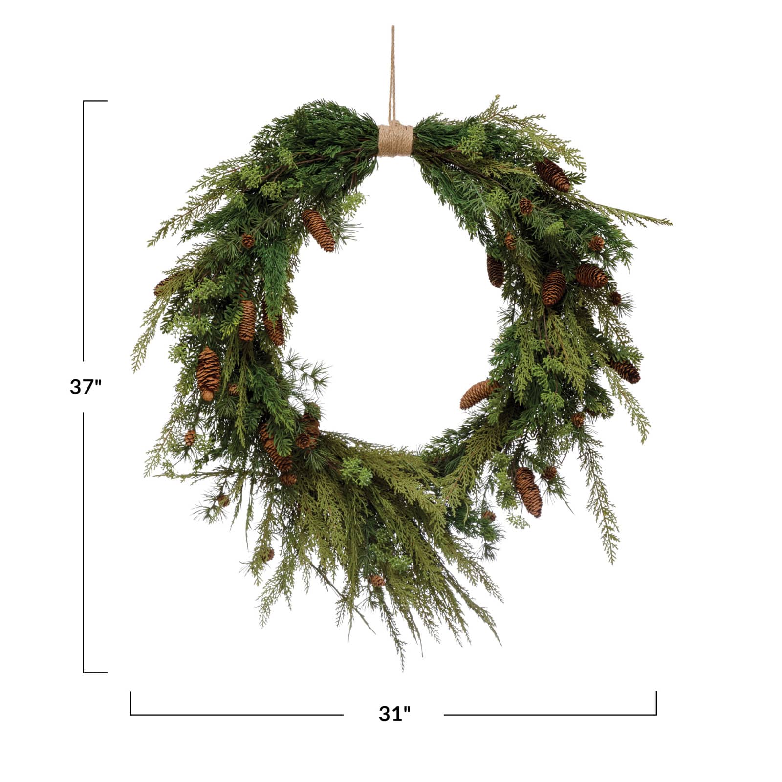 Hello Honey® 31" Faux Pine Wreath with Pinecones & Wrapped Jute Hanger