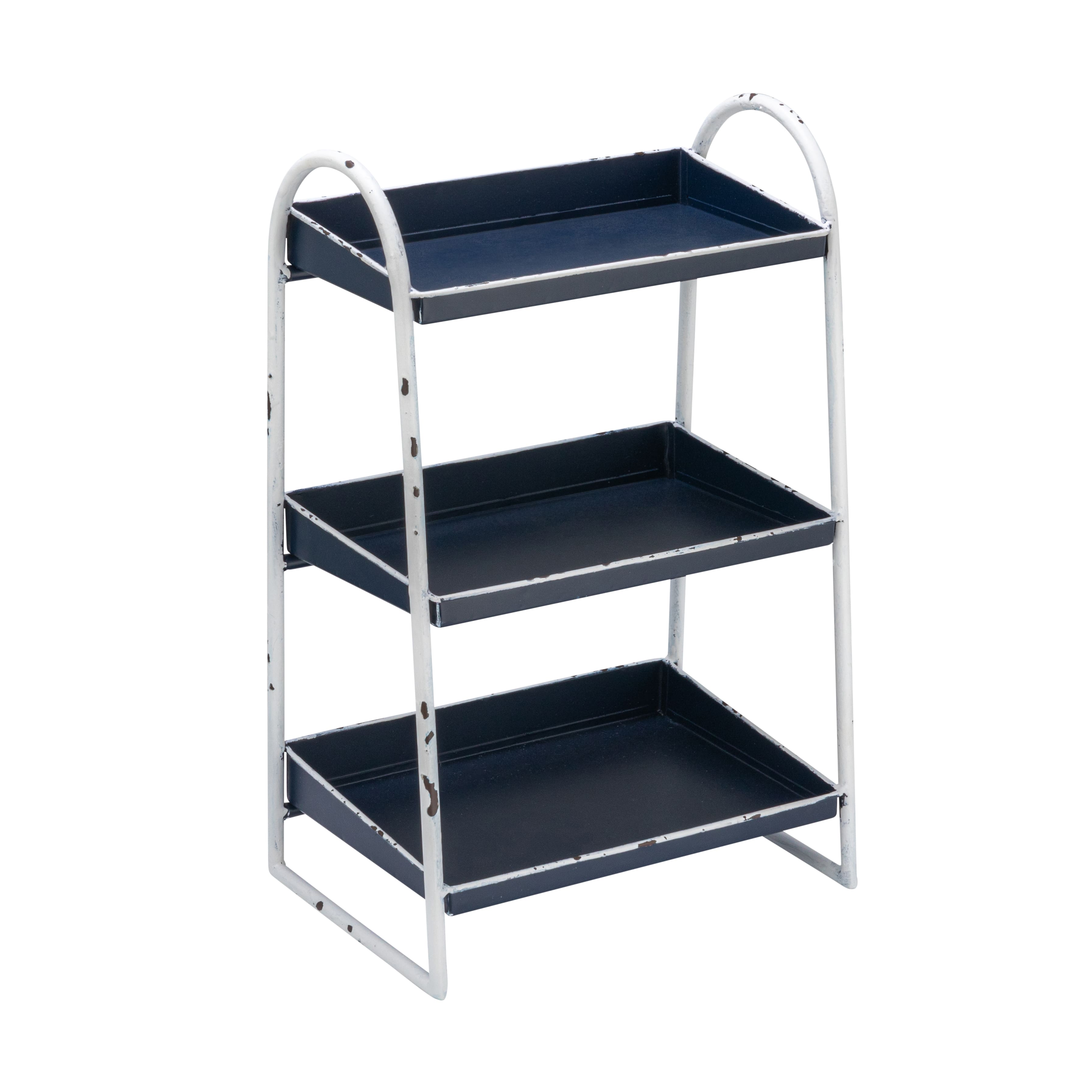 Hello Honey® 15.5" Heavily Distressed 3-Tier Metal Tray with White Frame & Rim