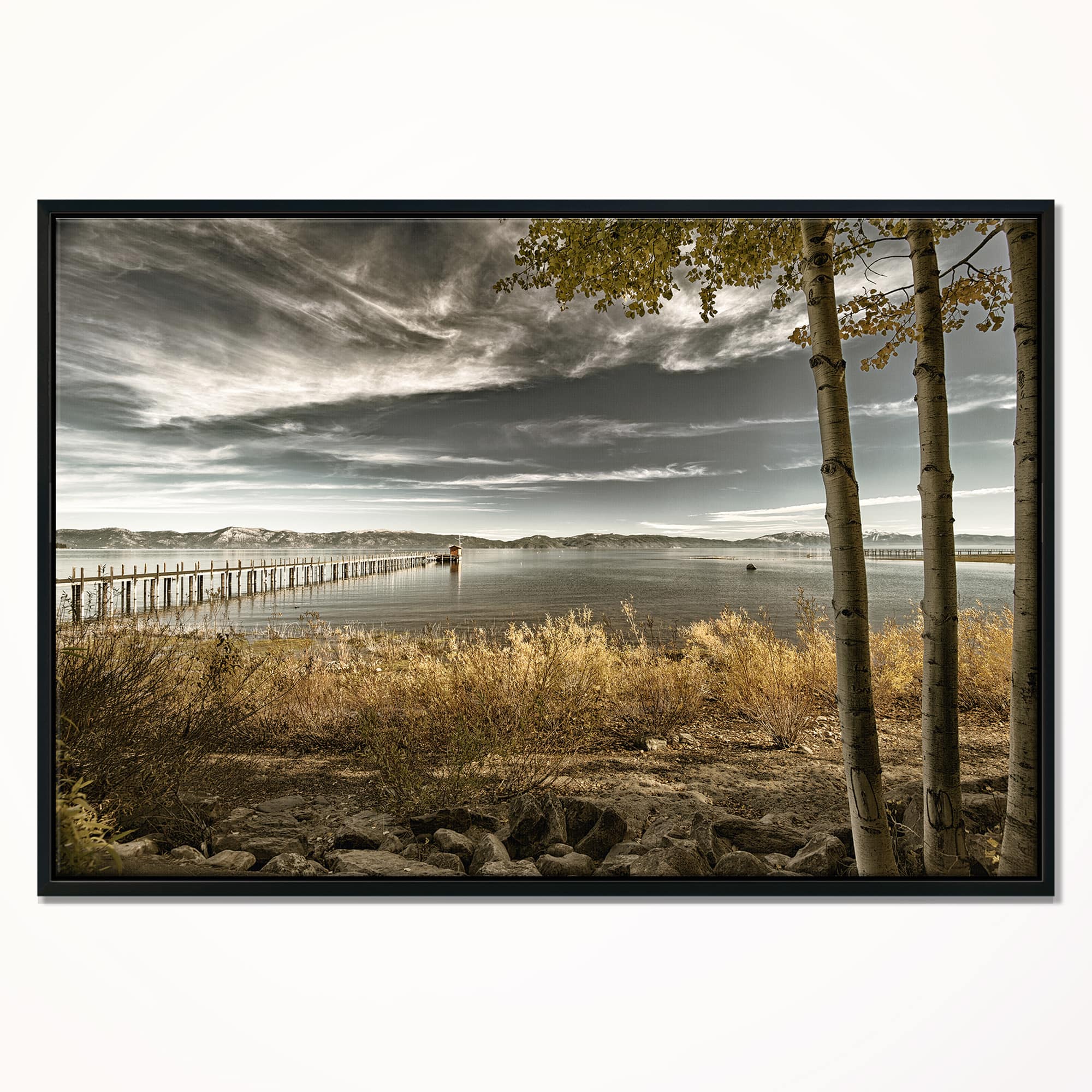 Designart - Pier in Brown Lake - Landscape Photo Canvas Art Print in Black Frame