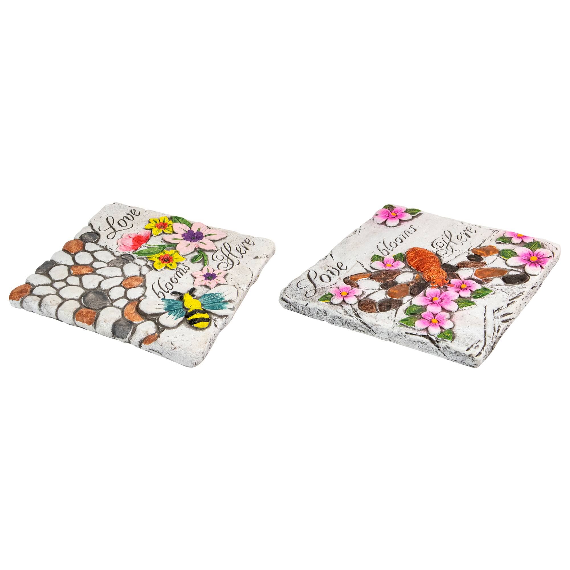 7" "Love Blooms Here'" Floral Outdoor Garden Stones Set