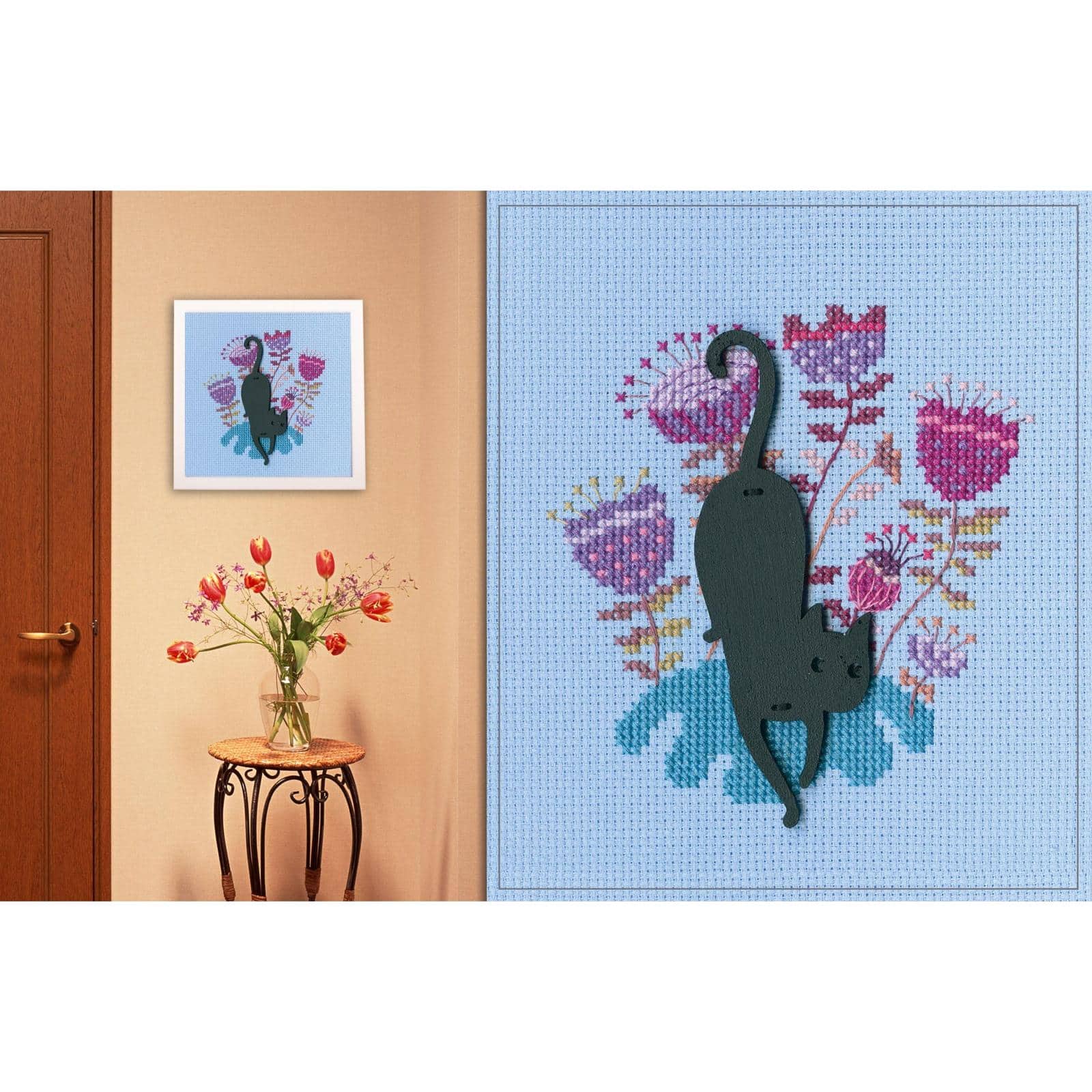 RTO Black Cat with Pink Flowers Cross Stitch Kit