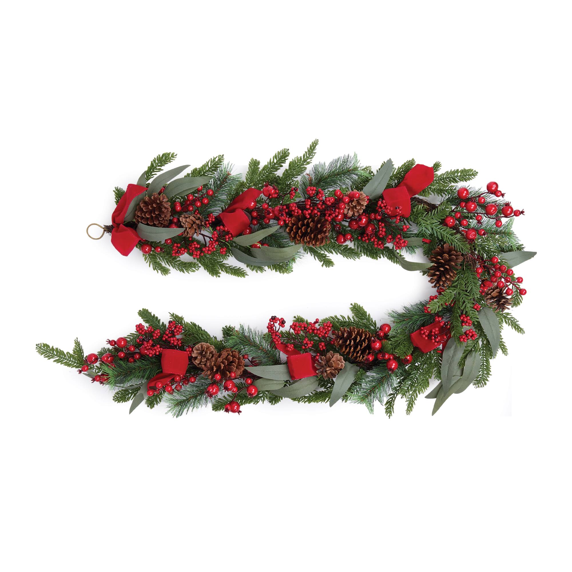Melrose 6ft. Green Fresh Touch Pine, Pinecones & Berry with Ribbon Decorative Garland