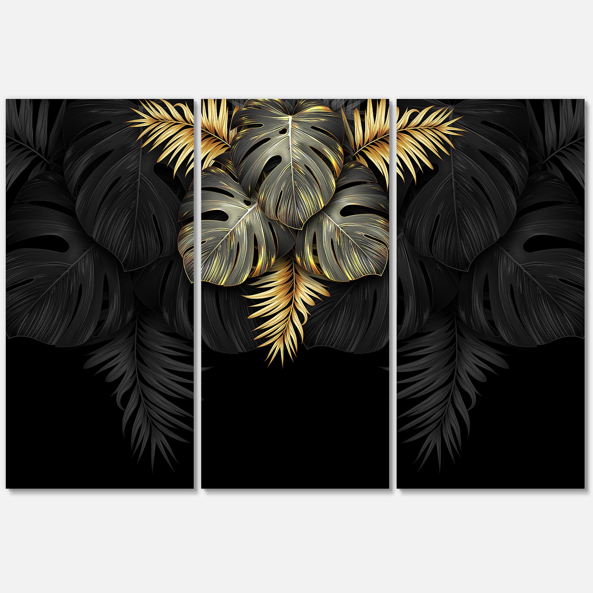 Designart - Black and Gold Tropical Leaves IV - Modern Canvas Wall Art Print