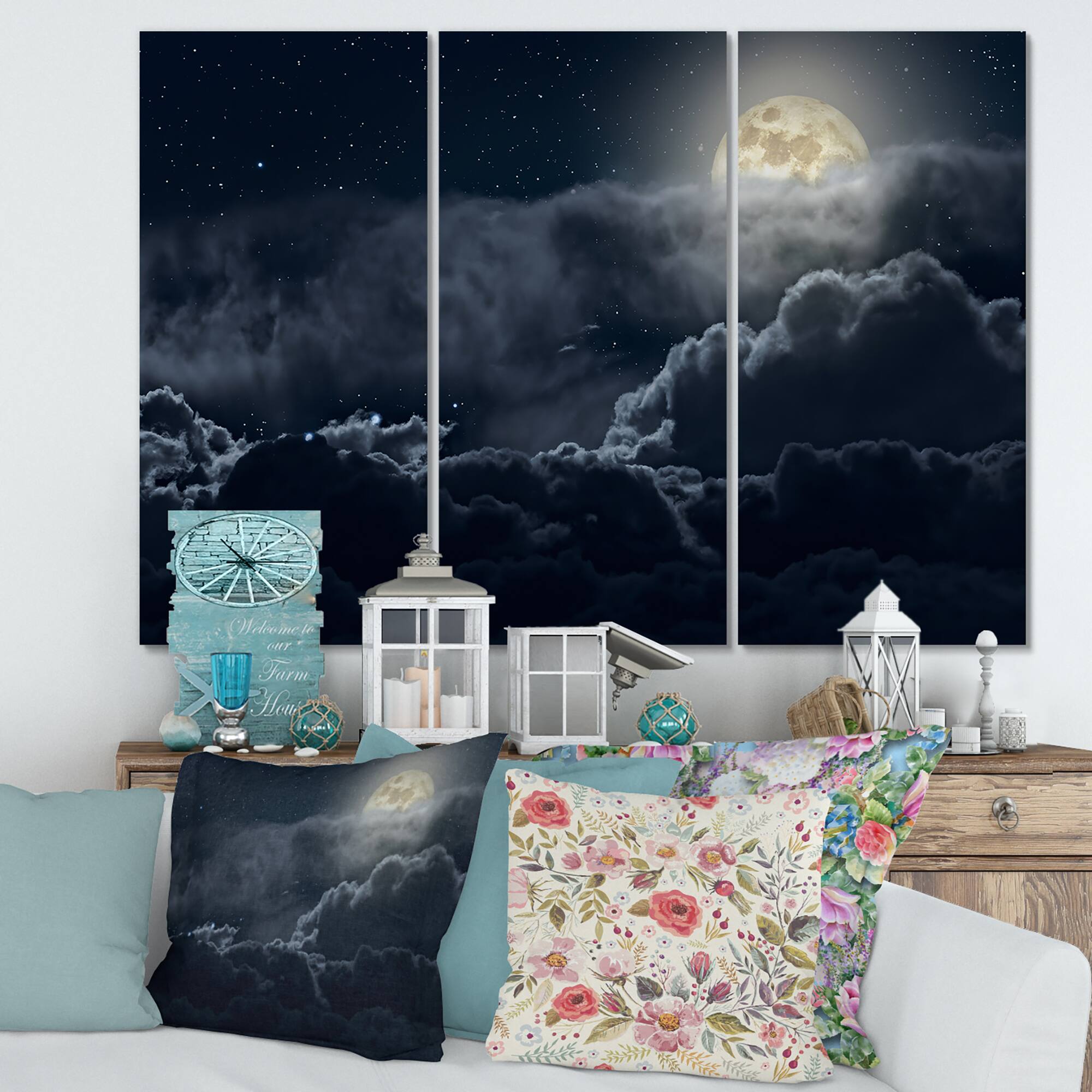 Designart - Cloudy Full Moon Night - Nautical & Coastal Canvas Wall Art Print