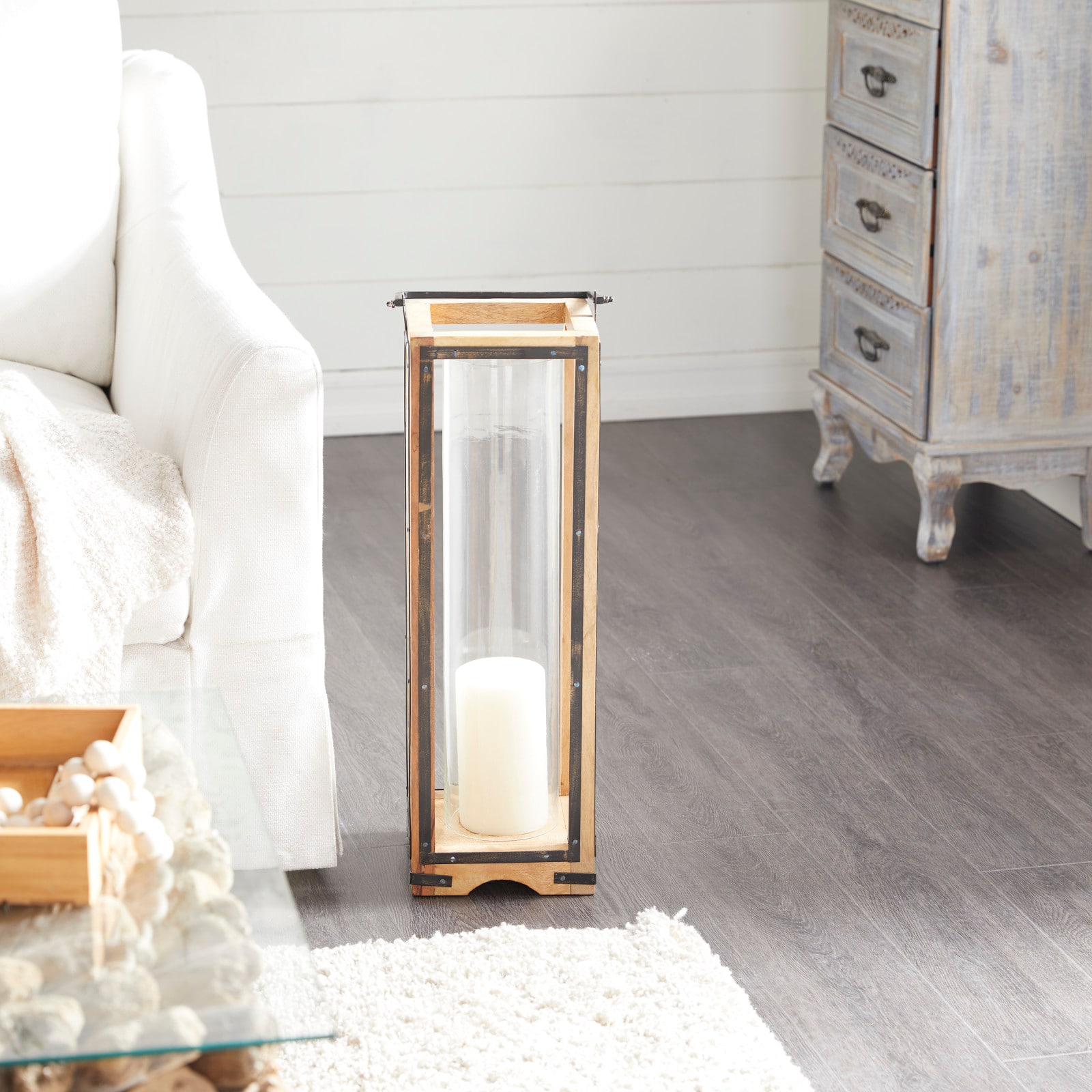 Brown Mango Wood Traditional Candle Holder Lantern, 31" x 8" x 8"