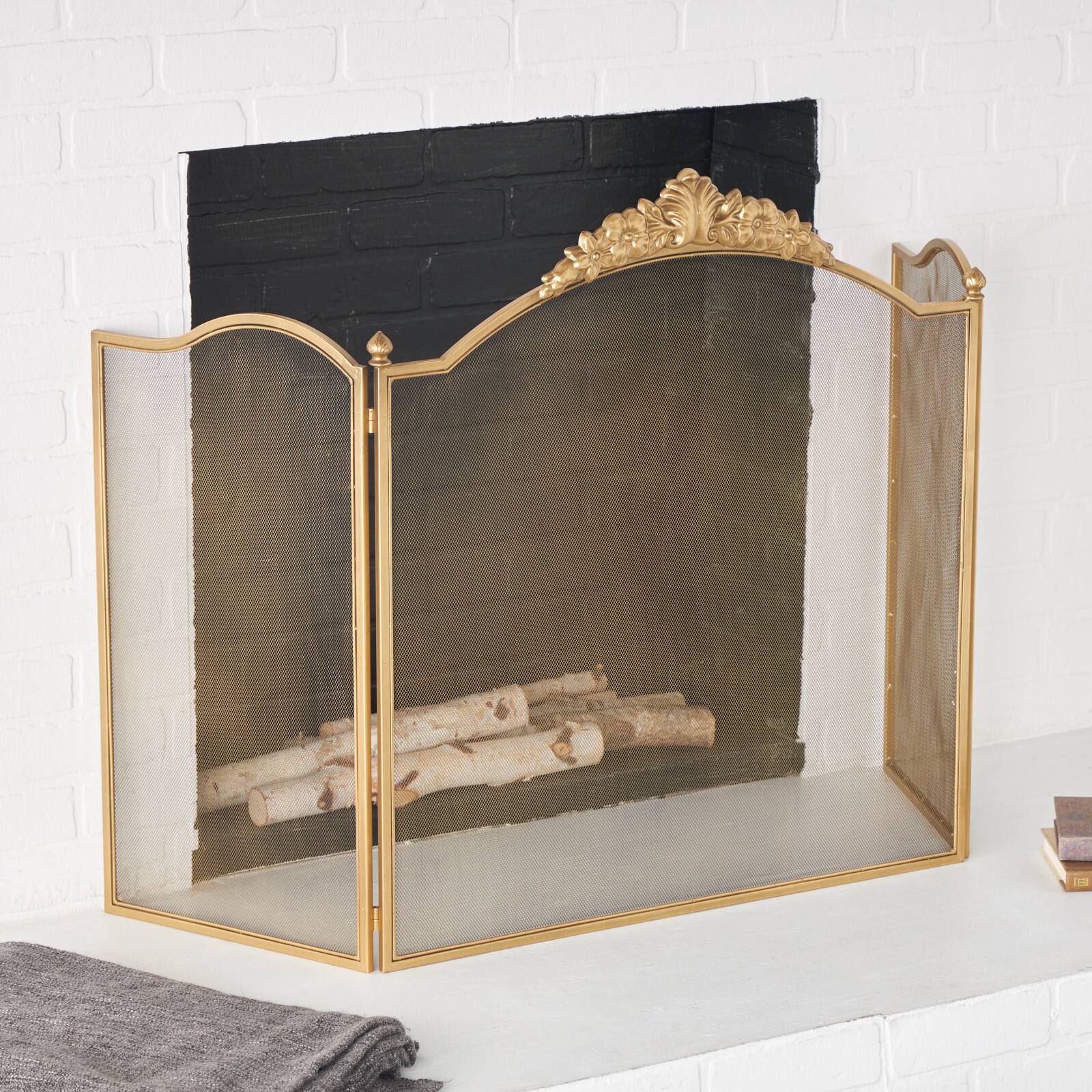 29" x 14" x 30" Gold Metal Floral Ornate Antique Arched 3 Panel Living Room Fireplace Screen with Finial Accents