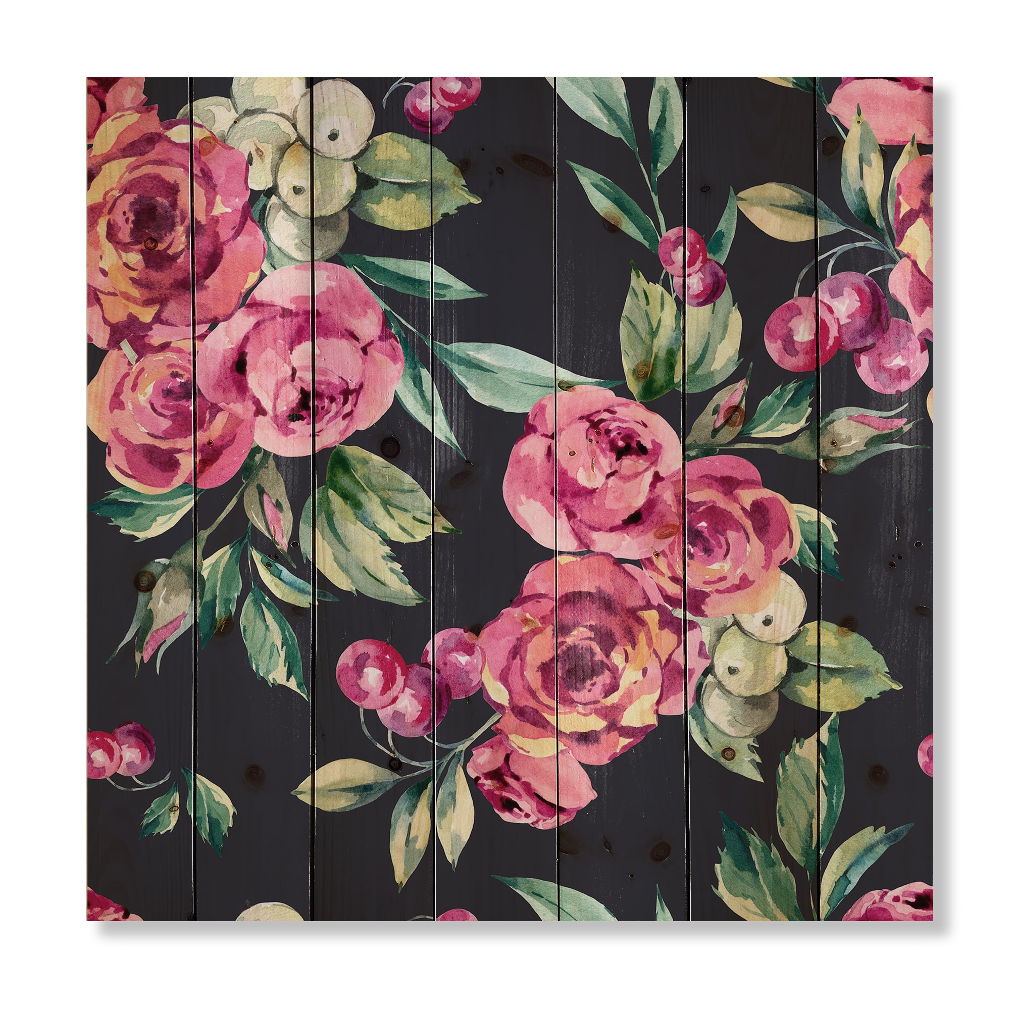 Designart - Red VIntage Roses and Berries On Black - Farmhouse Print on Natural Pine Wood