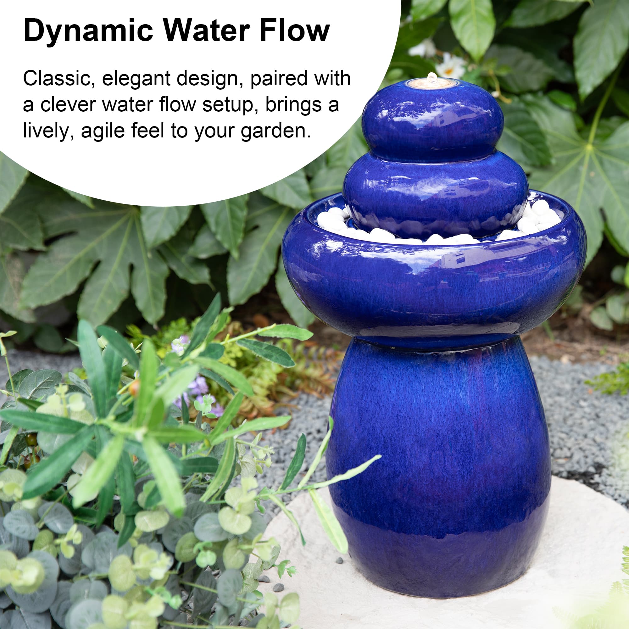 Glitzhome® 22" Zen-Style LED Cobalt Blue Pebble Outdoor Fountain