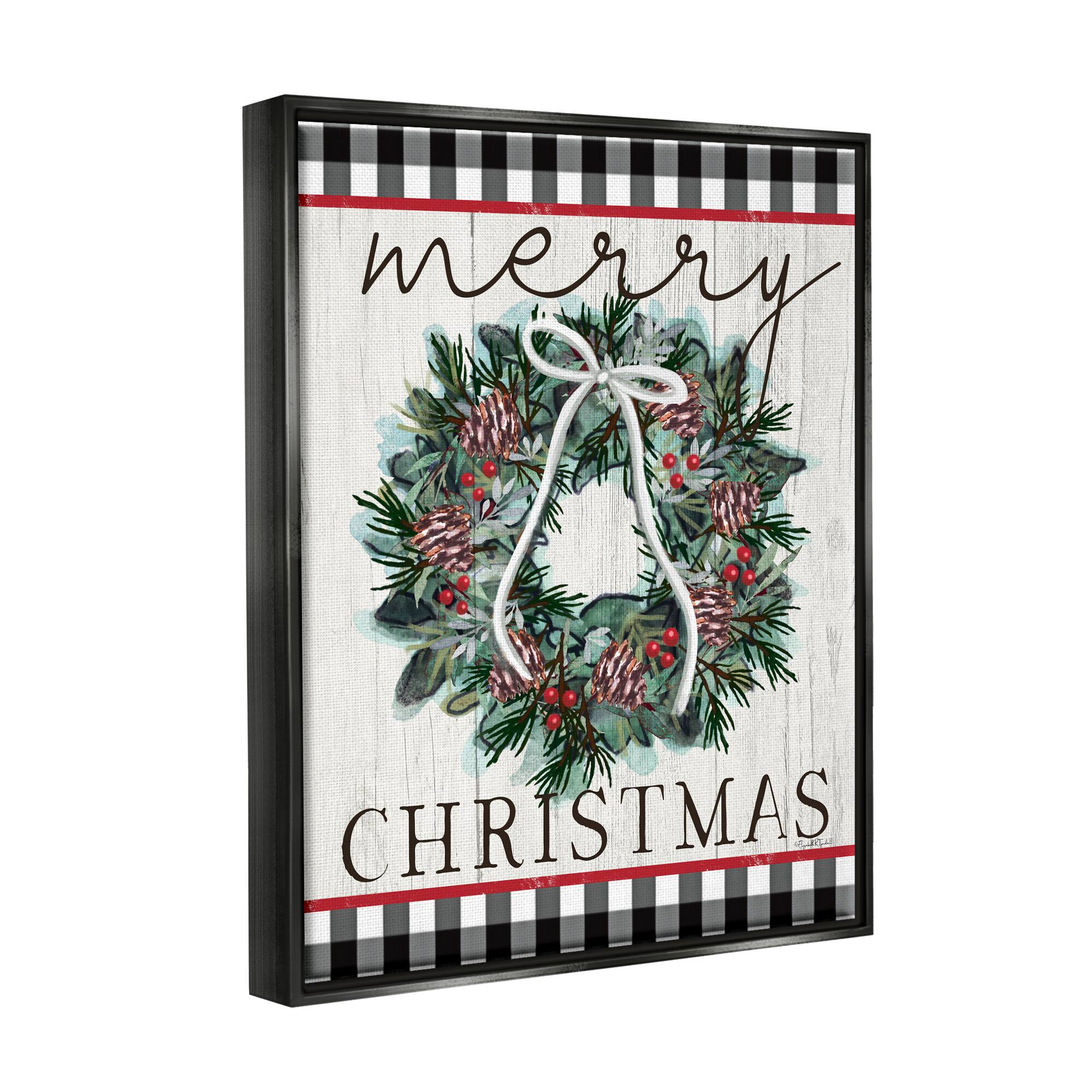 Stupell Industries Merry Christmas Tartan Wreath Framed Floater Canvas Wall Art