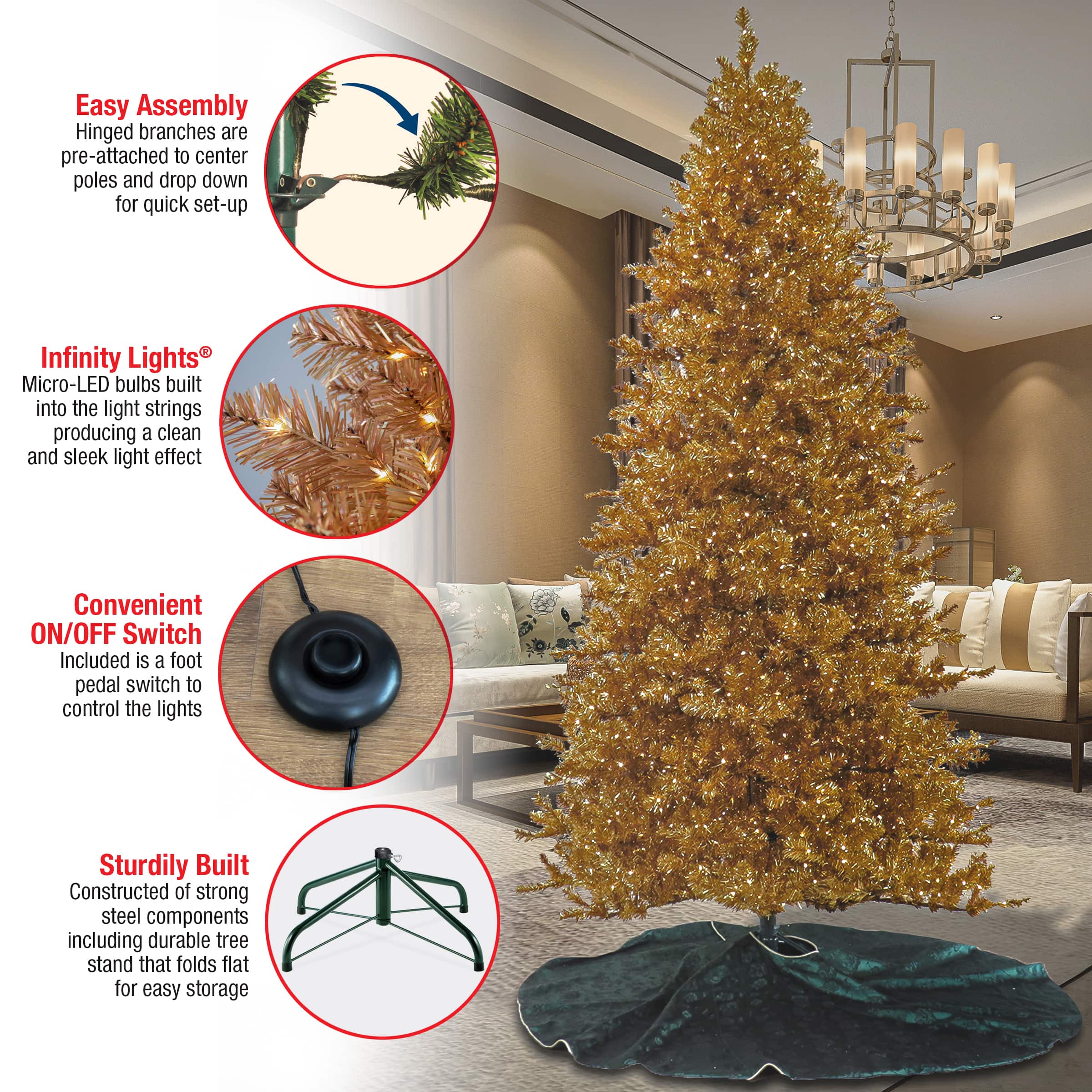 10ft. Pre-Lit True Gold Metallic Artificial Christmas Tree, White LED Lights