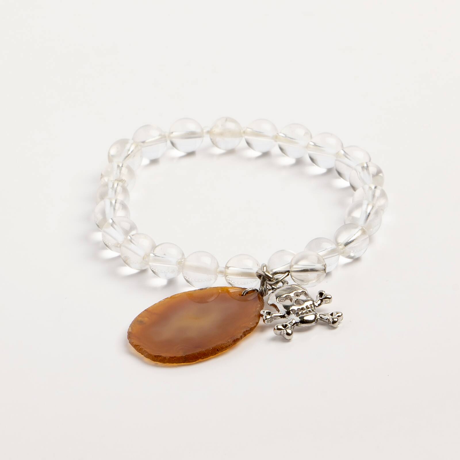 John Bead Crystal Quartz Clear Natural Stone Bracelet with Brown Agate & Skull Charm
