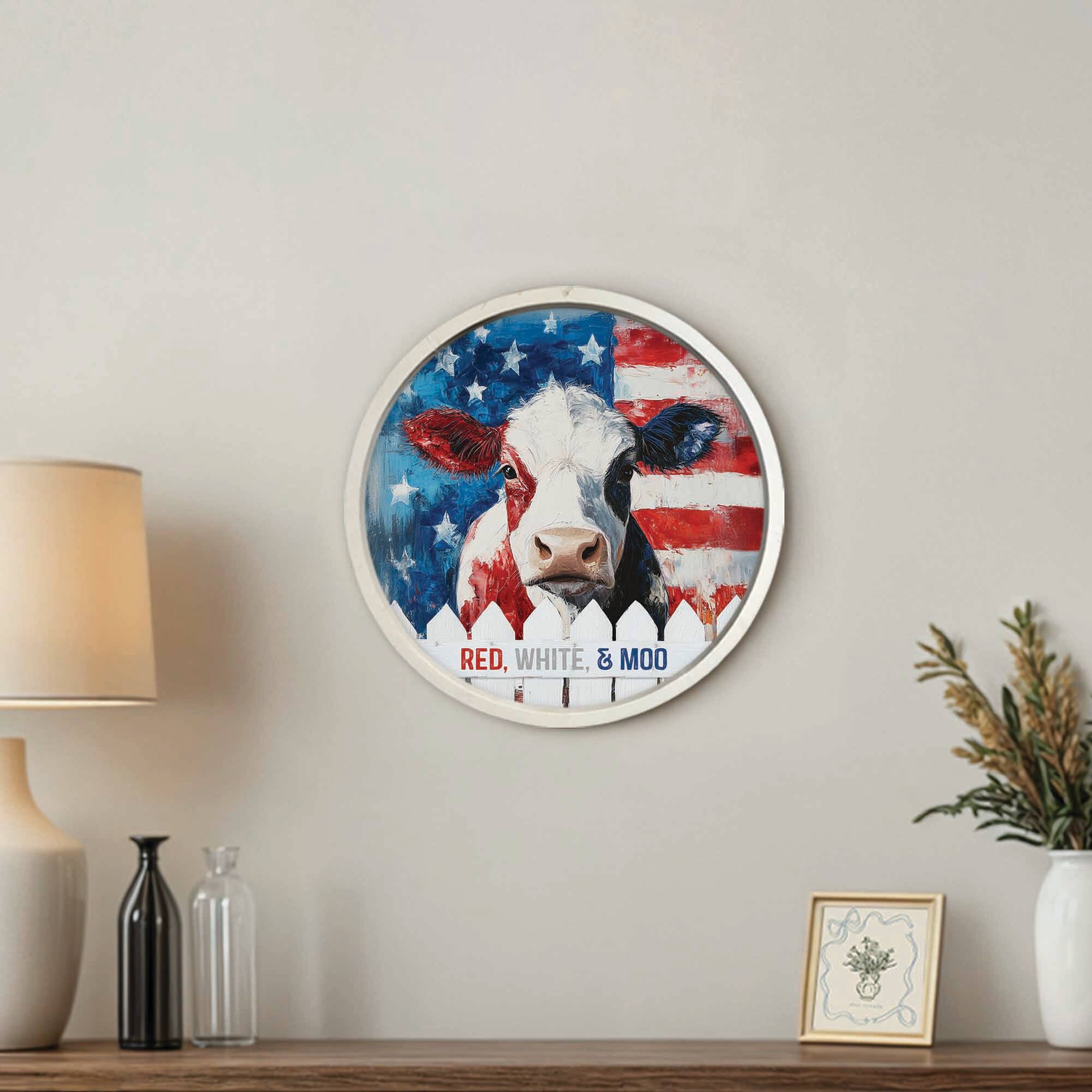 20" x 20" Red, White & Moo Round Framed Print