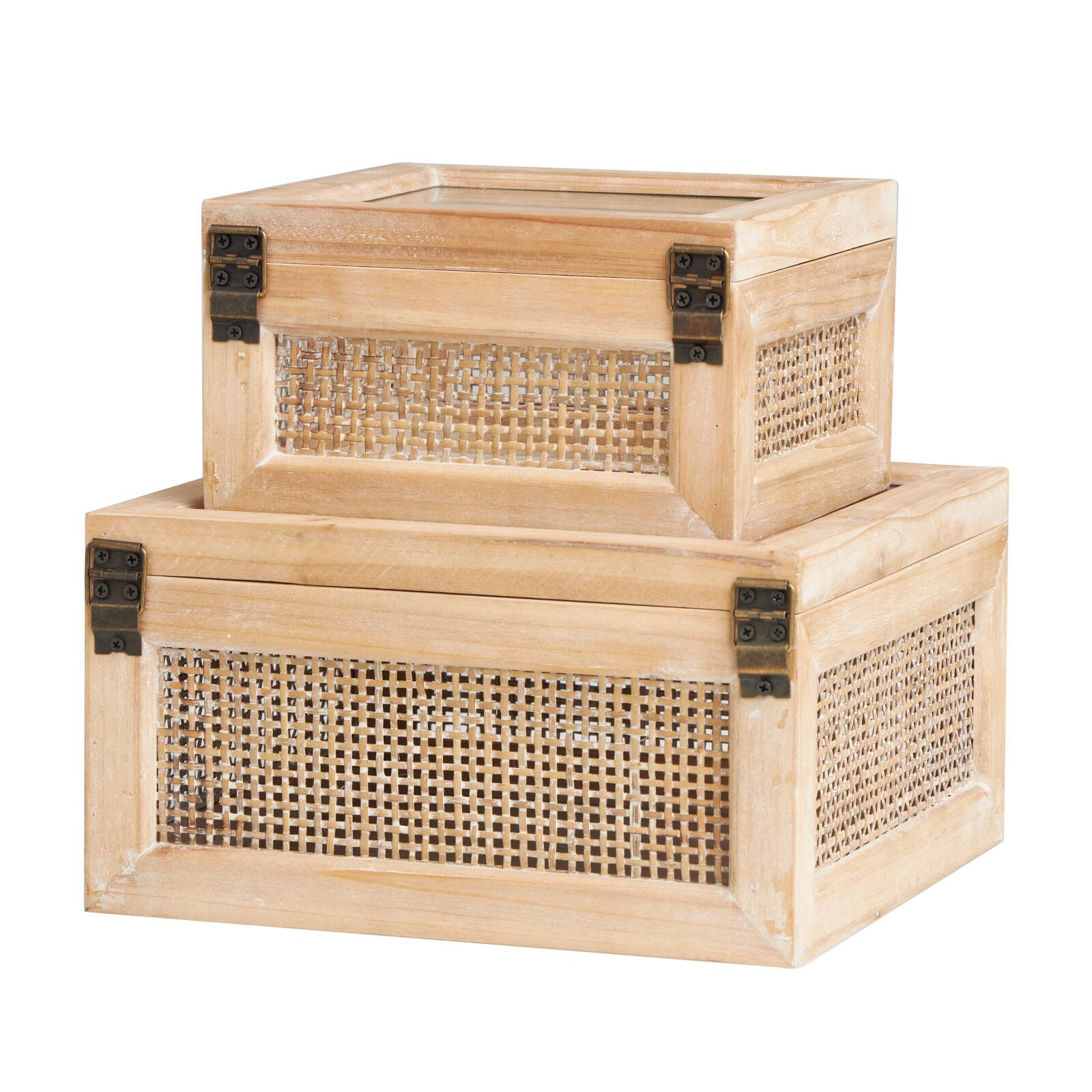 Light Brown Box with Glass Top & Rattan Side Panels Set