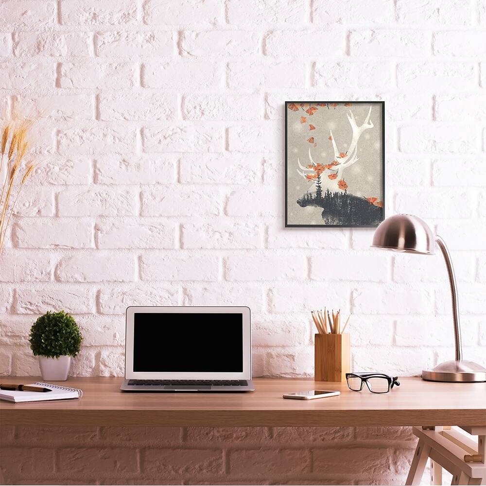 Stupell Industries Tree Forest Elk Silhouette Orange Florals in Frame Wall Art