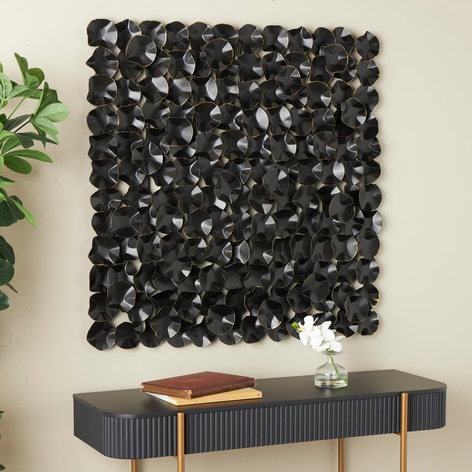 Black Metal Overlapping Folded Circle Abstract Wall Decor with Gold Accents