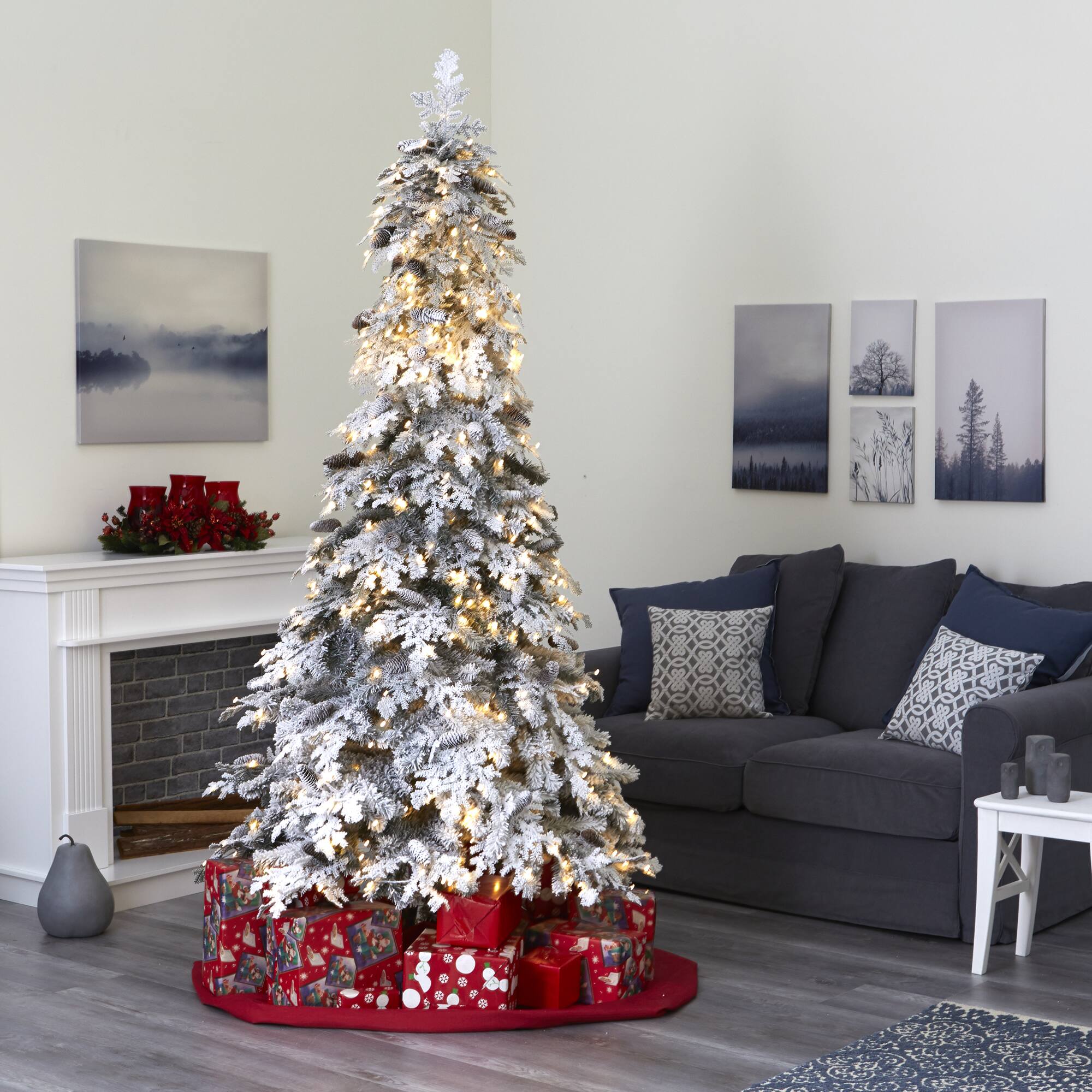 8ft. Pre-Lit Flocked Montana Down Swept Spruce & Pinecones Artificial Christmas Tree with Clear LED Lights
