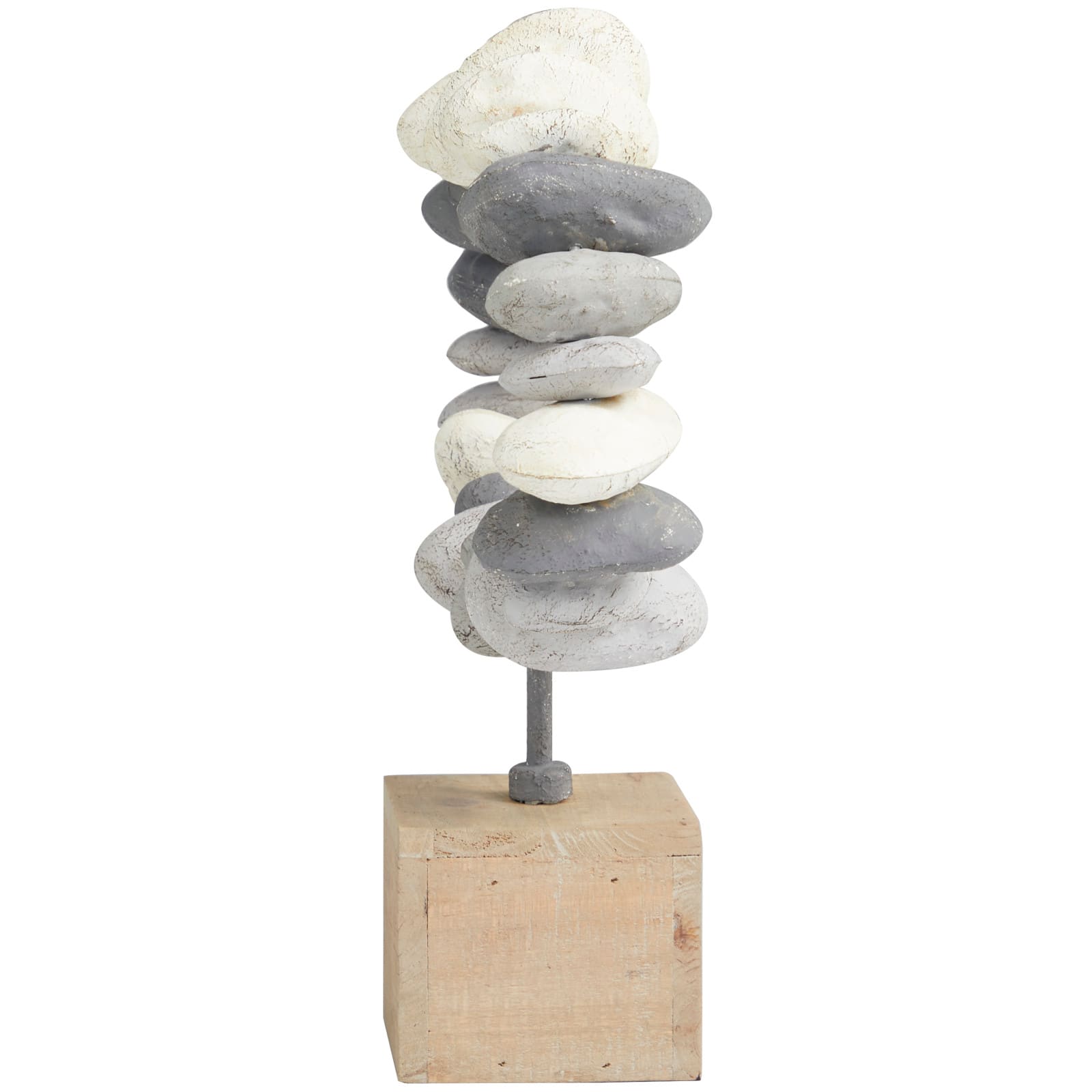 14" Gray Metal Circular Stone Abstract Sculpture with Brown Wooden Base
