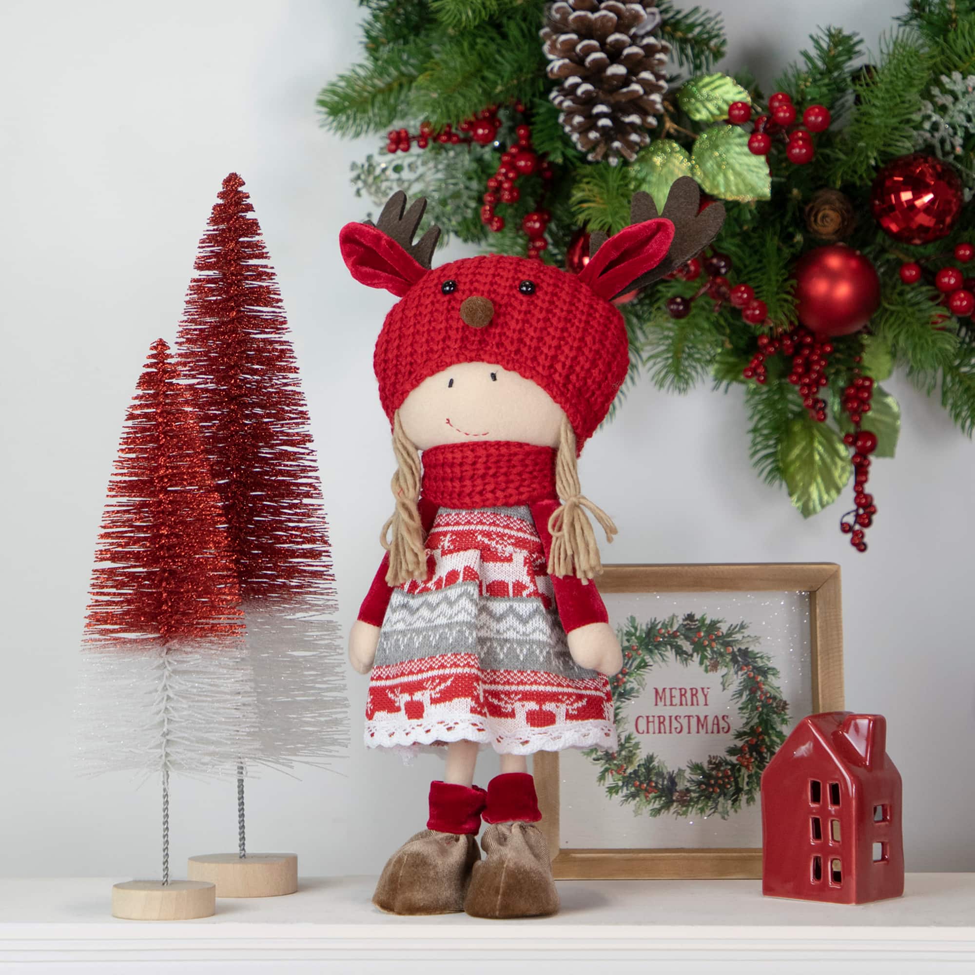 16'' Little Nordic Girl in Moose Antler Hat Christmas Figure