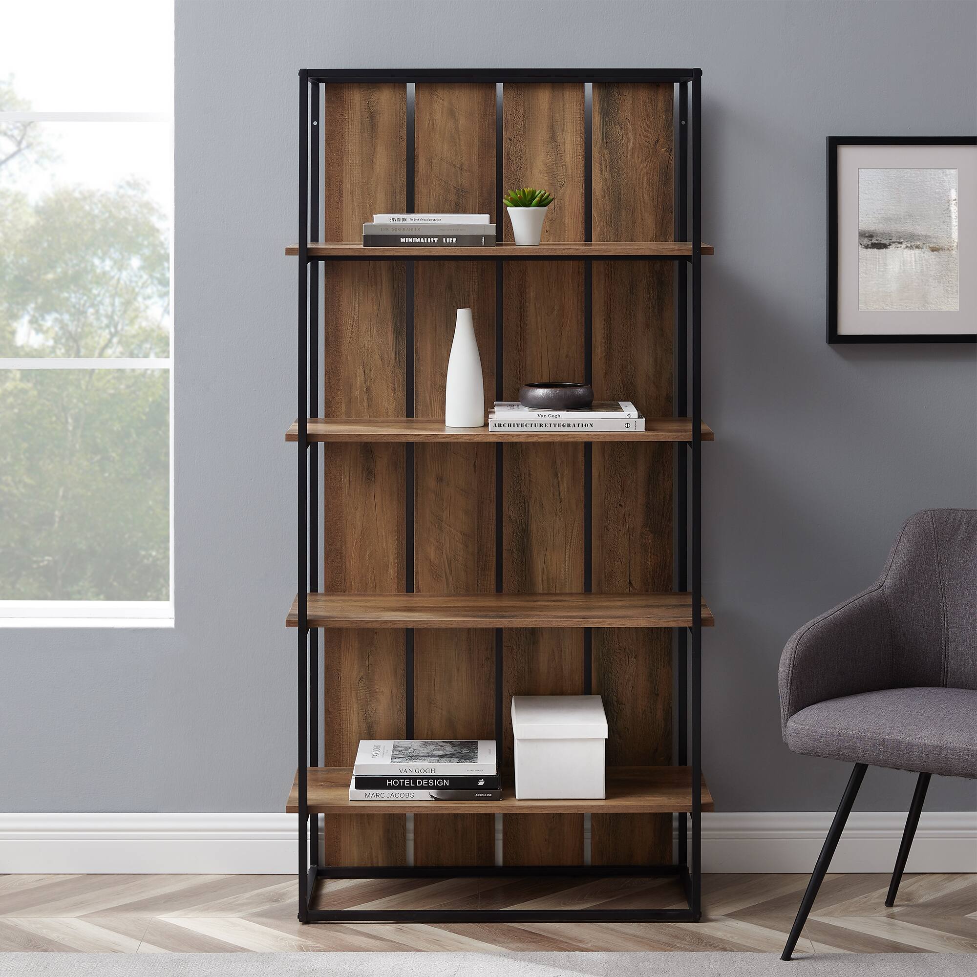 Walker Edison 64" Reclaimed Barnwood & Black Farmhouse Plank Back Bookshelf