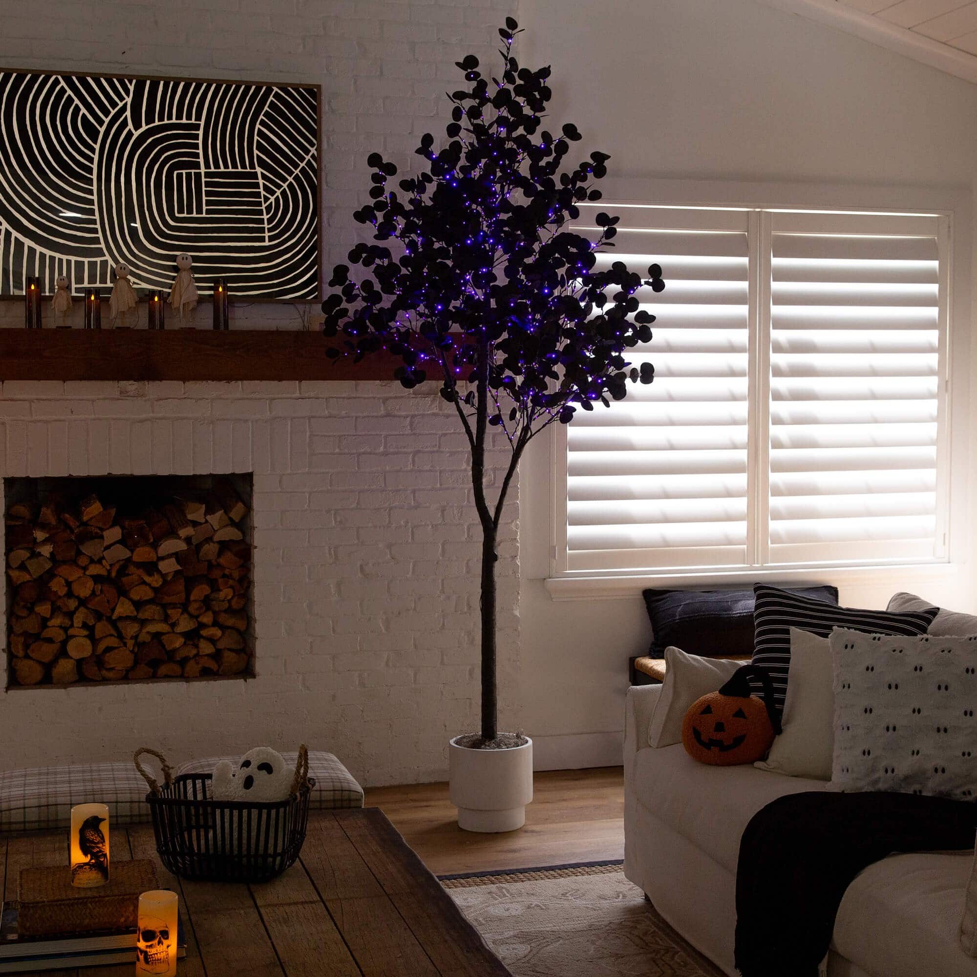 9ft. Pre-Lit Artificial Halloween Black Eucalyptus Tree with 700 Orange & Purple LED Lights