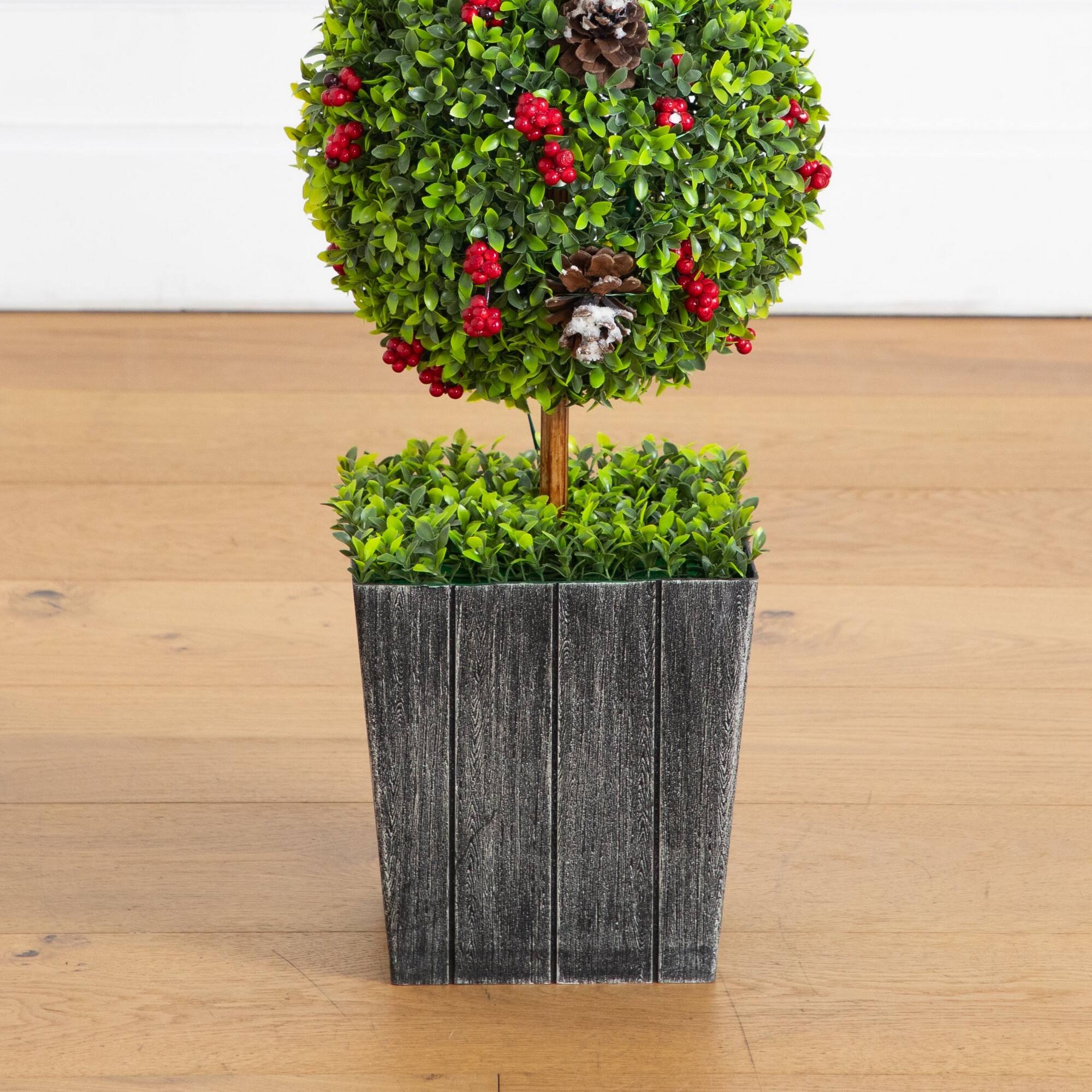 Nearly Natural 3.5ft. Pre-Lit Artificial Christmas Boxwood Snowman Topiary Tree in Decorative Planter