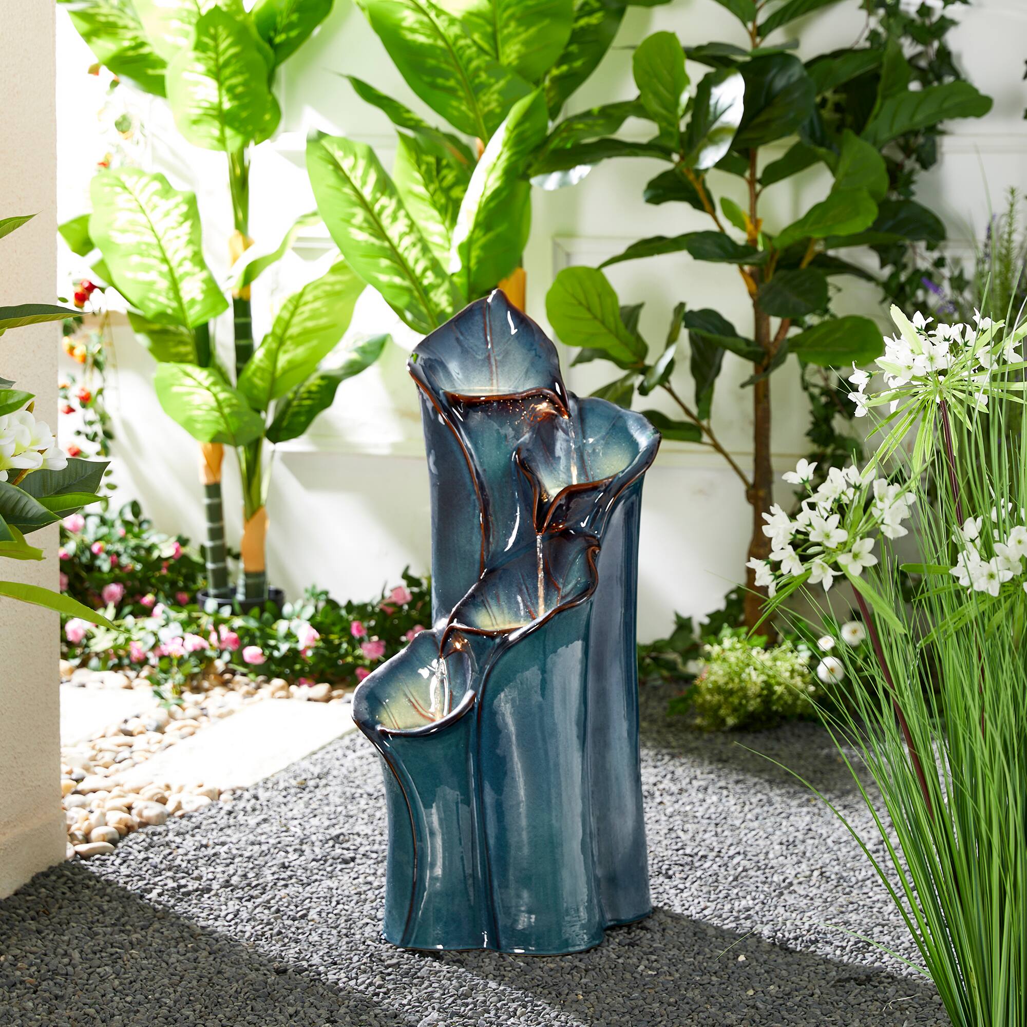 Glitzhome® 31.25" 4-Tier LED Lotus Leaf Textured Ceramic Vase Outdoor Floor Fountain
