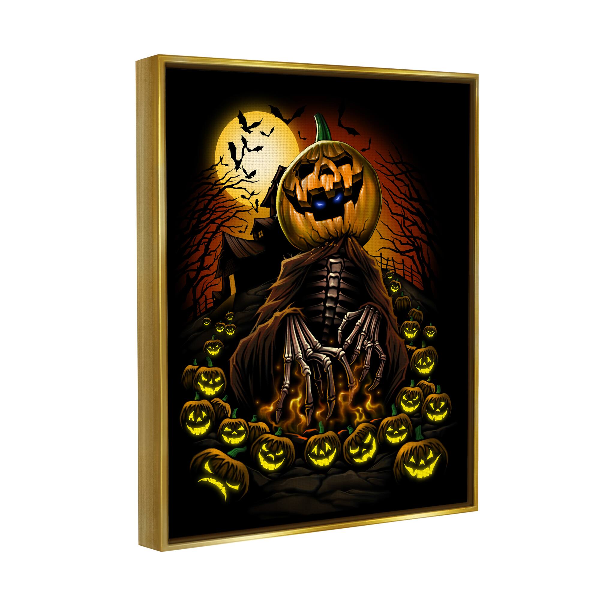 Stupell Industries Spooky Pumpkin Skeleton Haunted Woods Framed Floater Canvas Wall Art