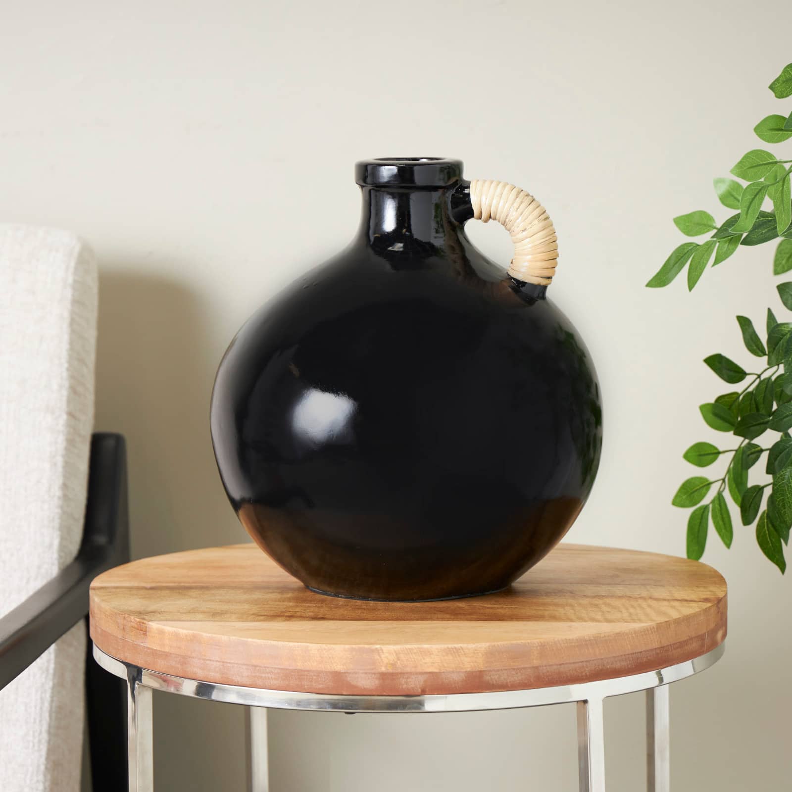 13" Black Ceramic Jug Inspired Vase with Rattan Wrapped Handle