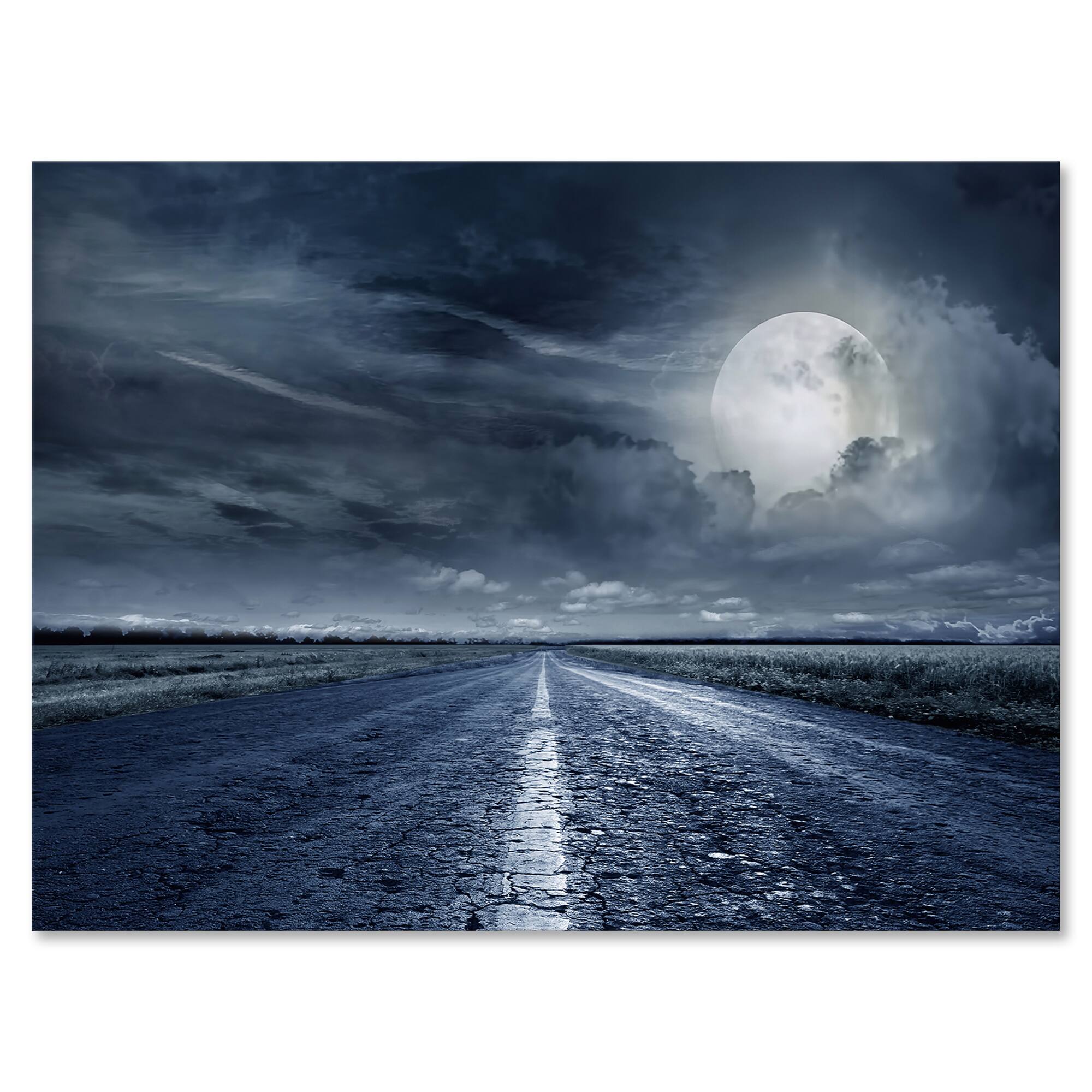 Designart - Asphalt Road Under Cloudy Full Moon II